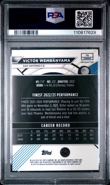 Graded 2023 Topps Finest Victor Wembanyama #76 Refractor Rookie RC Basketball Card PSA 10 Gem Mint