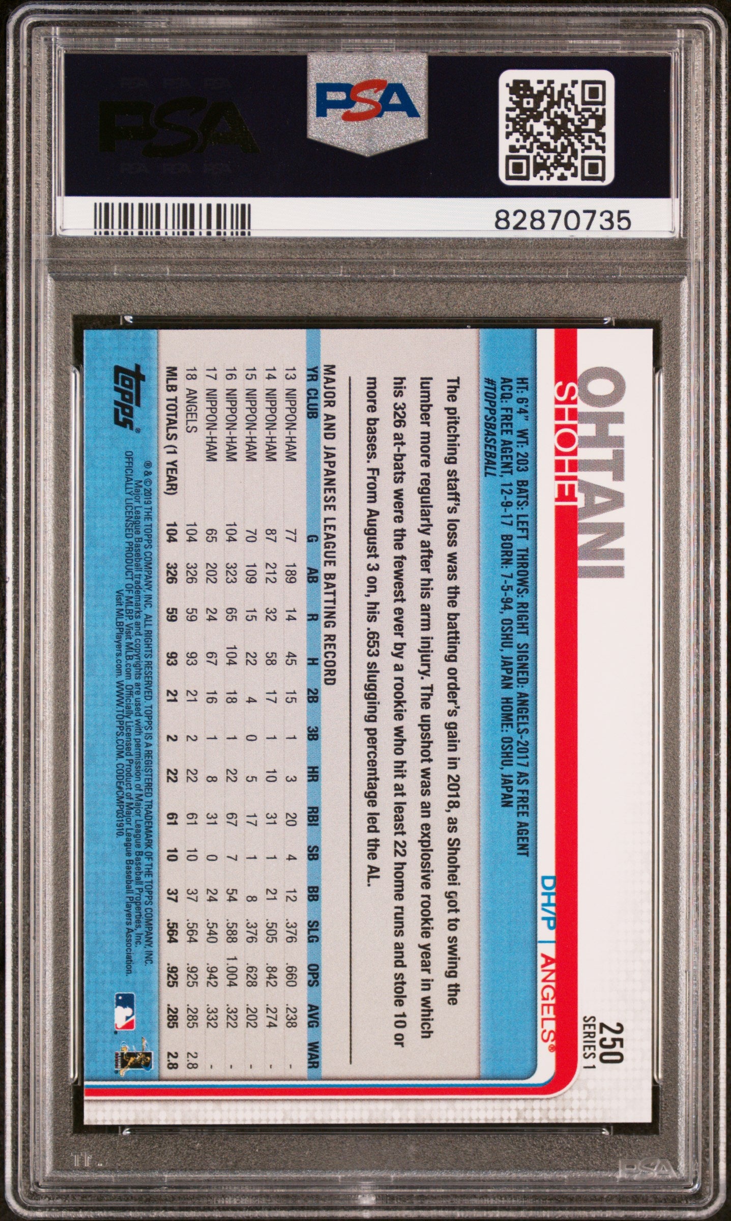 Graded 2019 Topps Complete Set Shohei Ohtani #250 All Star Game Rookie RC Baseball Card PSA 9 Mint