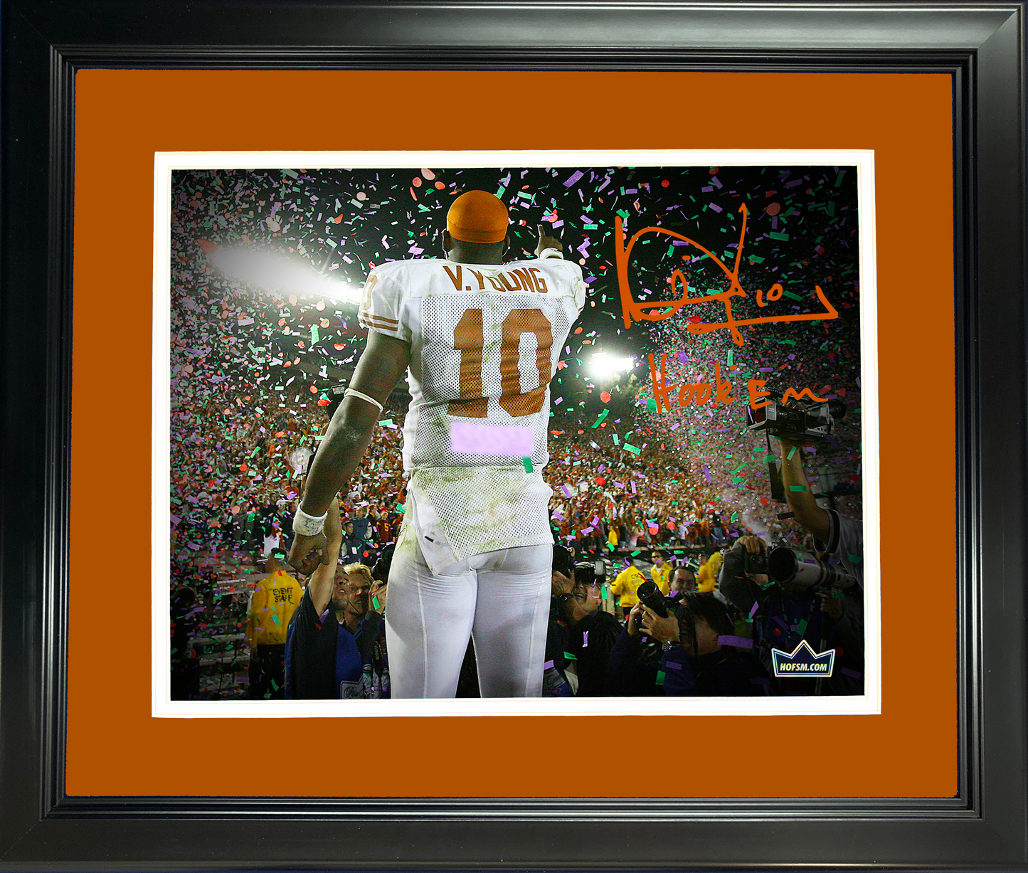 Framed Vince Young Hook 'em Facsimile Laser Engraved Signature Auto Texas Longhorns 11"x14" College Football Photo HOFSM Holo