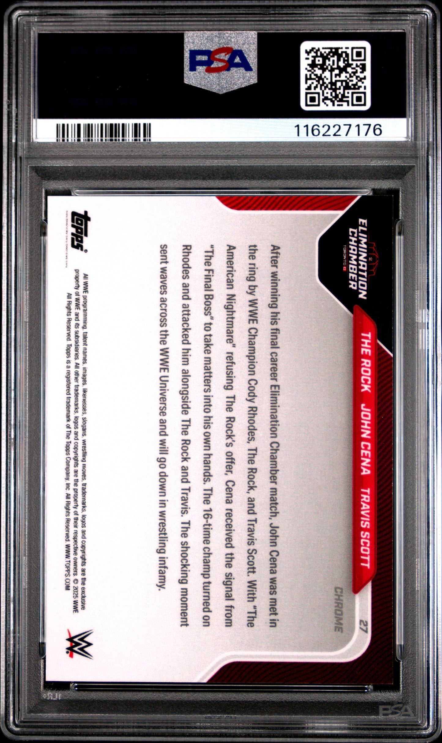 Graded 2025 Topps Now WWE The Rock John Cena Travis Scott #27 Chrome Green Refractor /99 Wrestling Card PSA 8 Near Mint