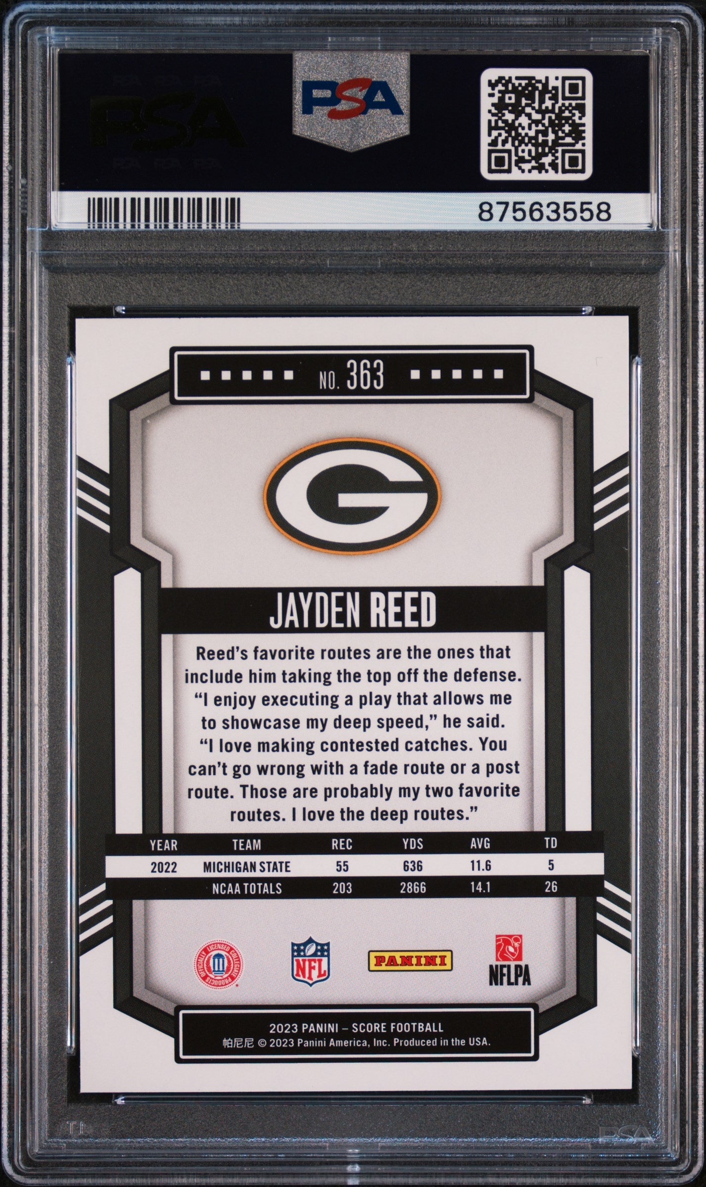 Graded 2023 Panini Score Jayden Reed #363 Rookie RC Football Card PSA 10 Gem Mint