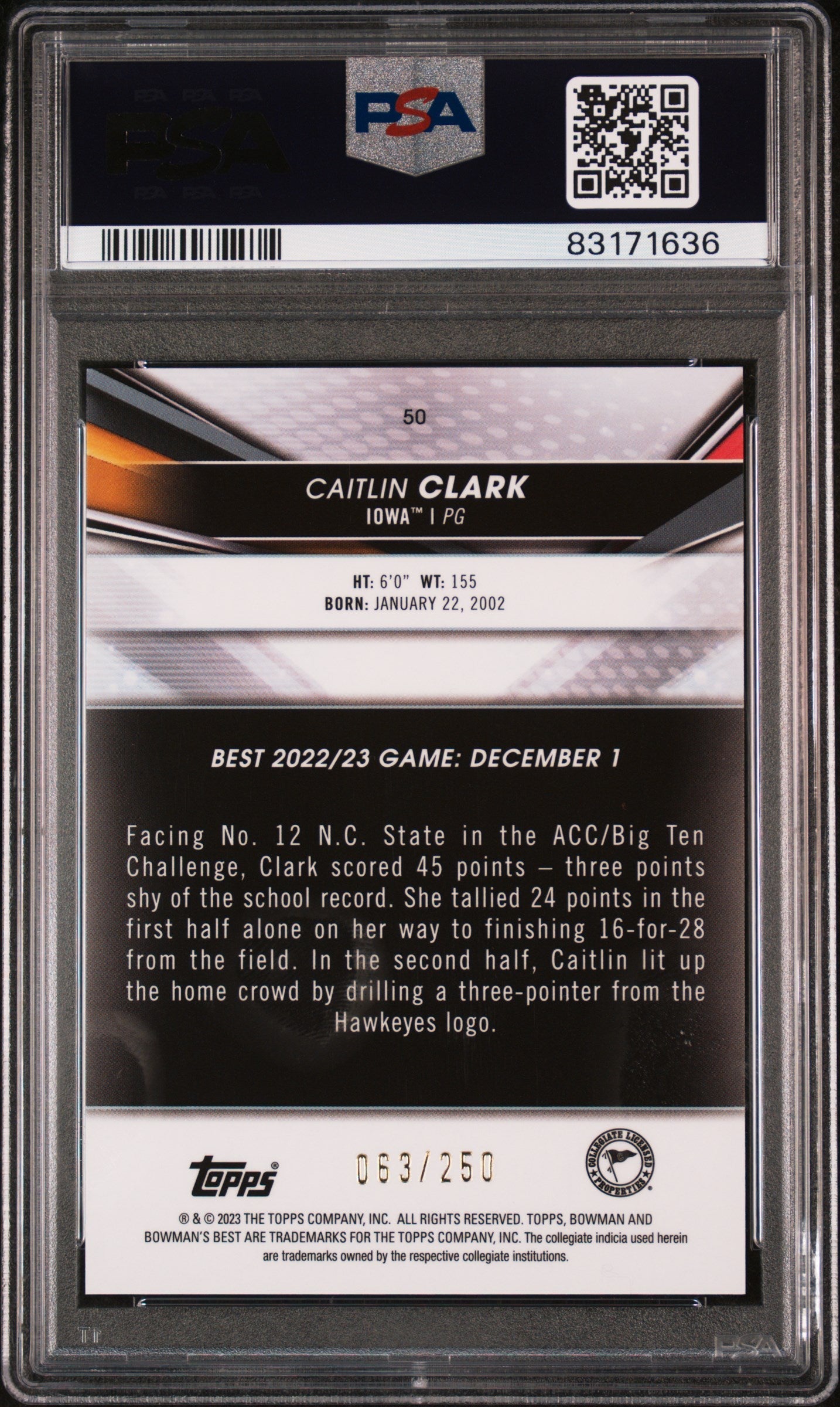 Graded 2022 Topps Bowman University Best Caitlin Clark #50 Purple Refractor #/250 Rookie RC Basketball Card PSA 10 Gem Mint