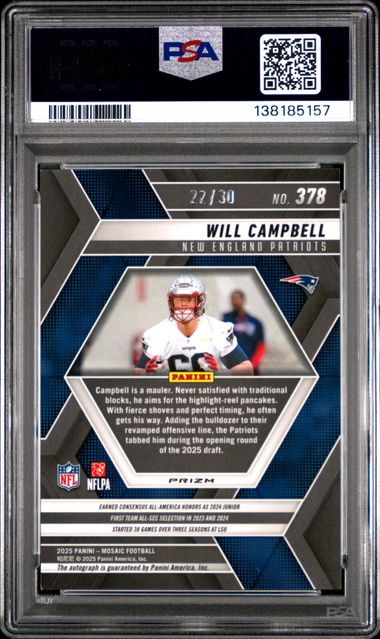 Graded 2025 Panini Mosaic Will Campbell #378 /30 Pink Spectris FOTL Auto Rookie RC Football Card PSA 9 Mint