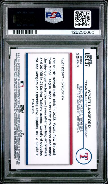 Graded 2024 Topps Chrome Update Wyatt Langford #USC37 Refractor Rookie RC Baseball Card PSA 10 Gem Mint