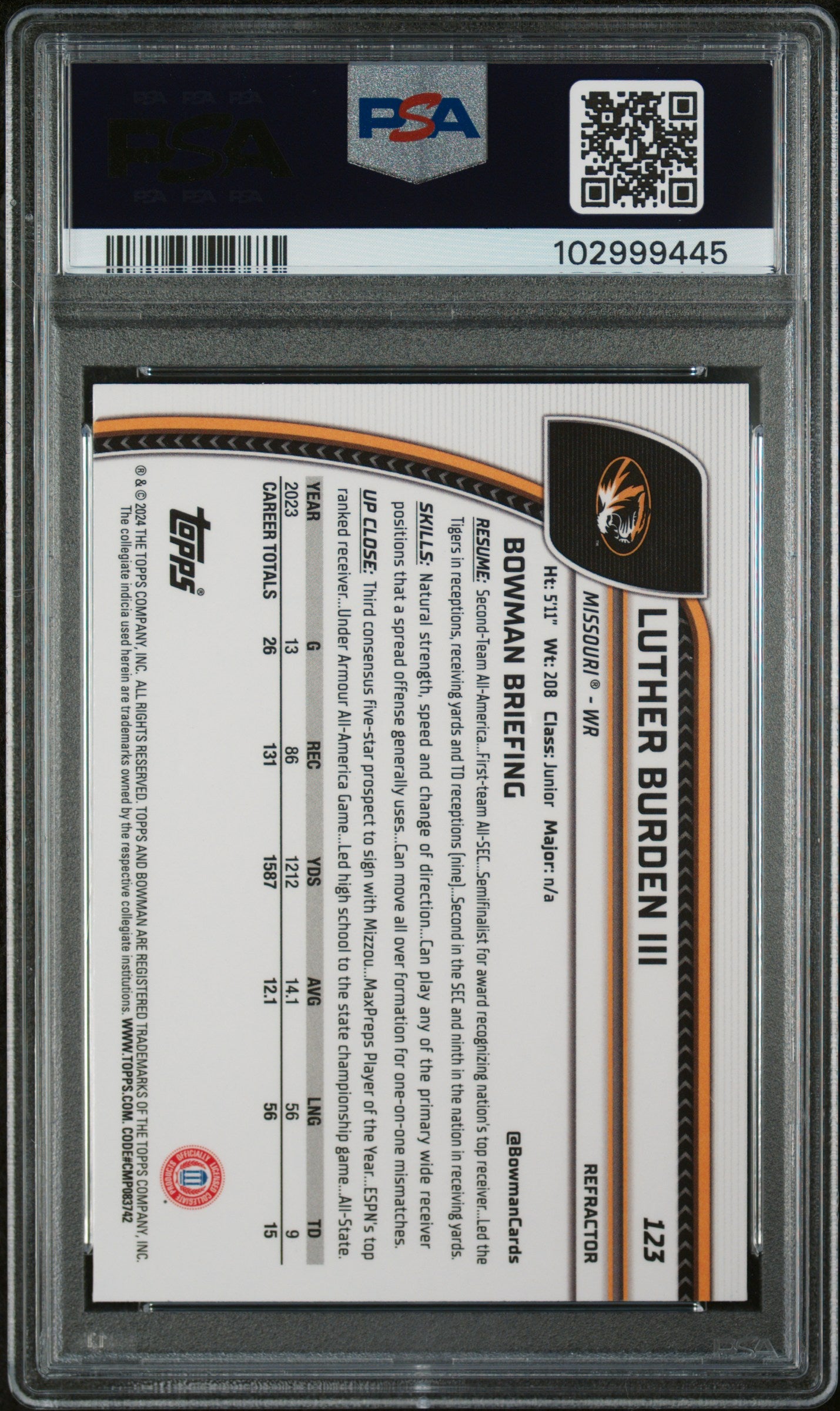 Graded 2024 Topps Bowman U Chrome Luther Burden III #123 Refractor Rookie RC Football Card PSA 10 Gem Mint