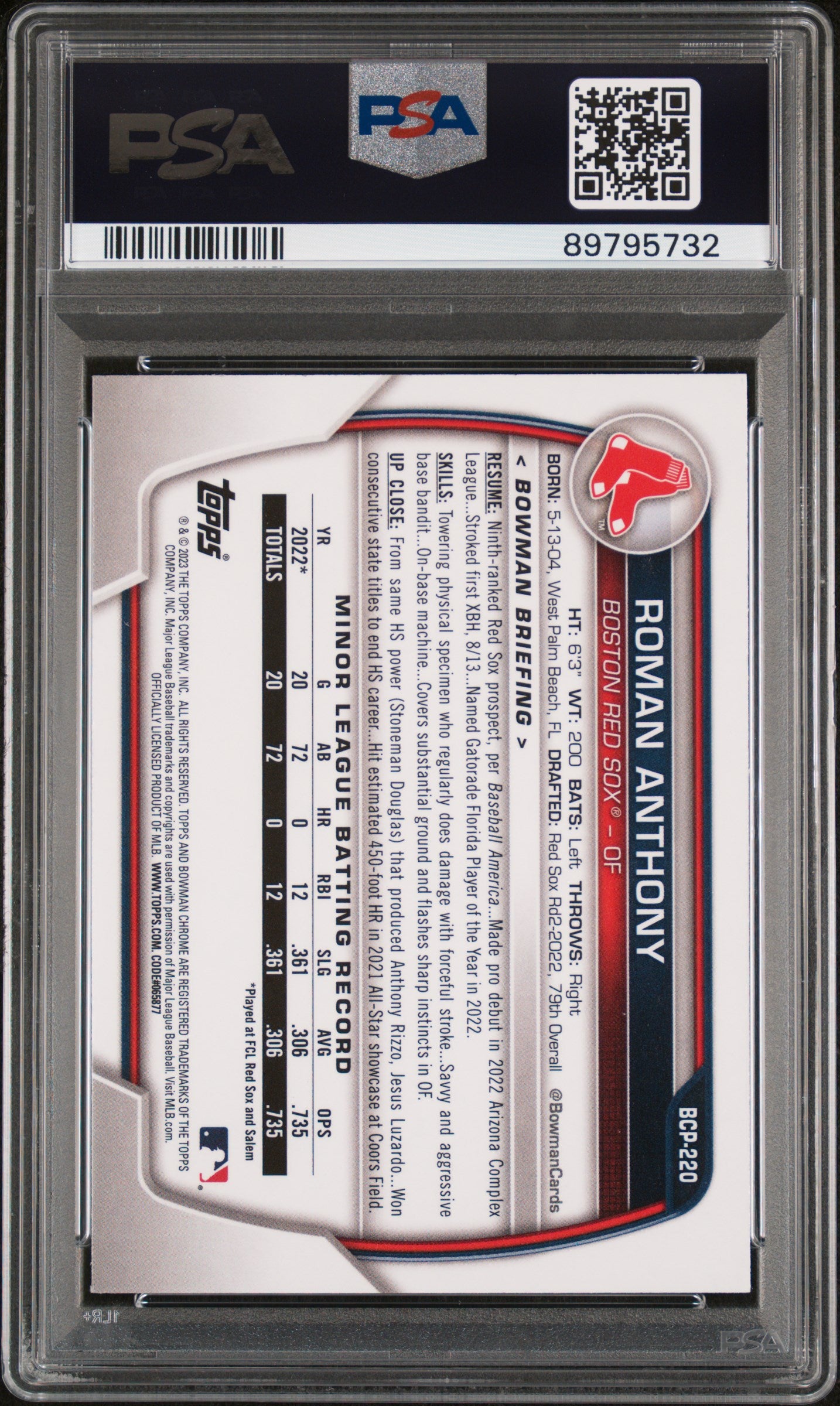 Graded 2023 Topps Bowman Chrome Roman Anthony #BCP220 Prospects Shimmer Rookie RC Baseball Card PSA 10 Gem Mint