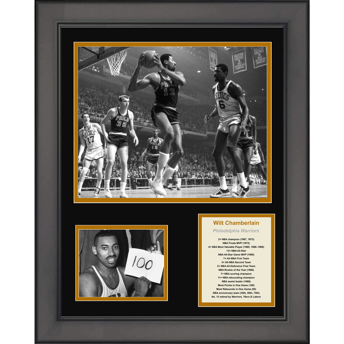 Framed Wilt Chamberlain Hall of Fame Basketball 11"x14" Three Photo Collage