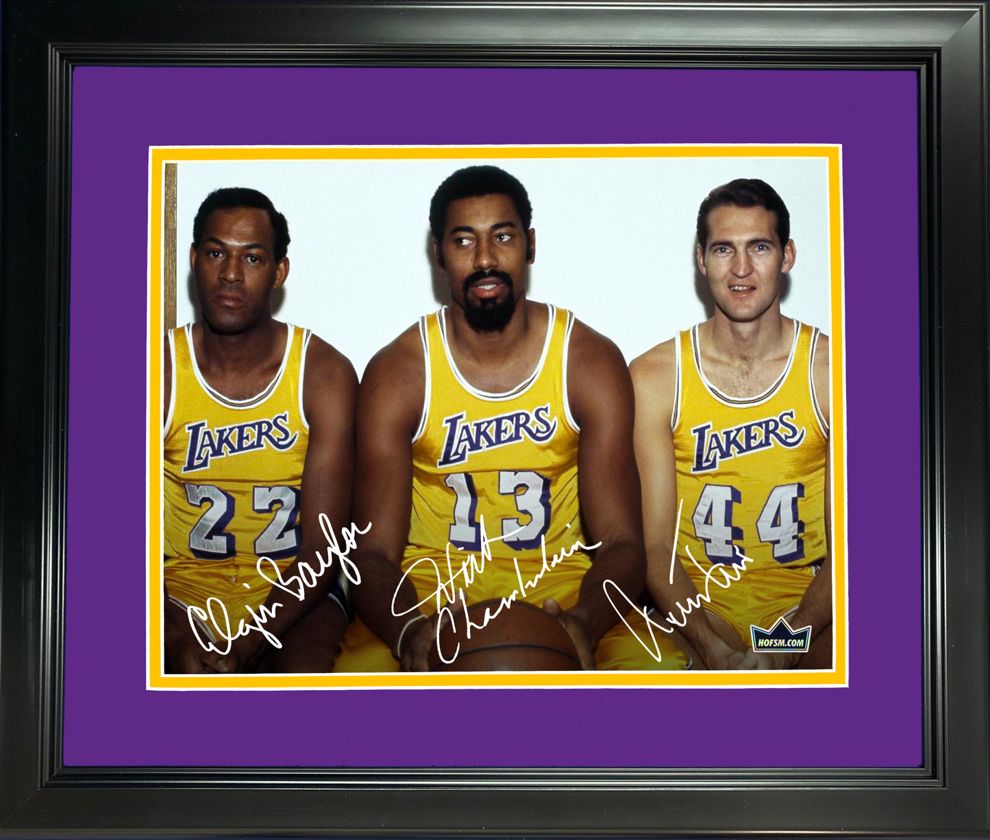 Framed Wilt Chamberlain, Jerry West & Elgin Baylor Facsimile Laser Engraved Signature Auto 11"x14" Basketball Photo HOFSM Holo