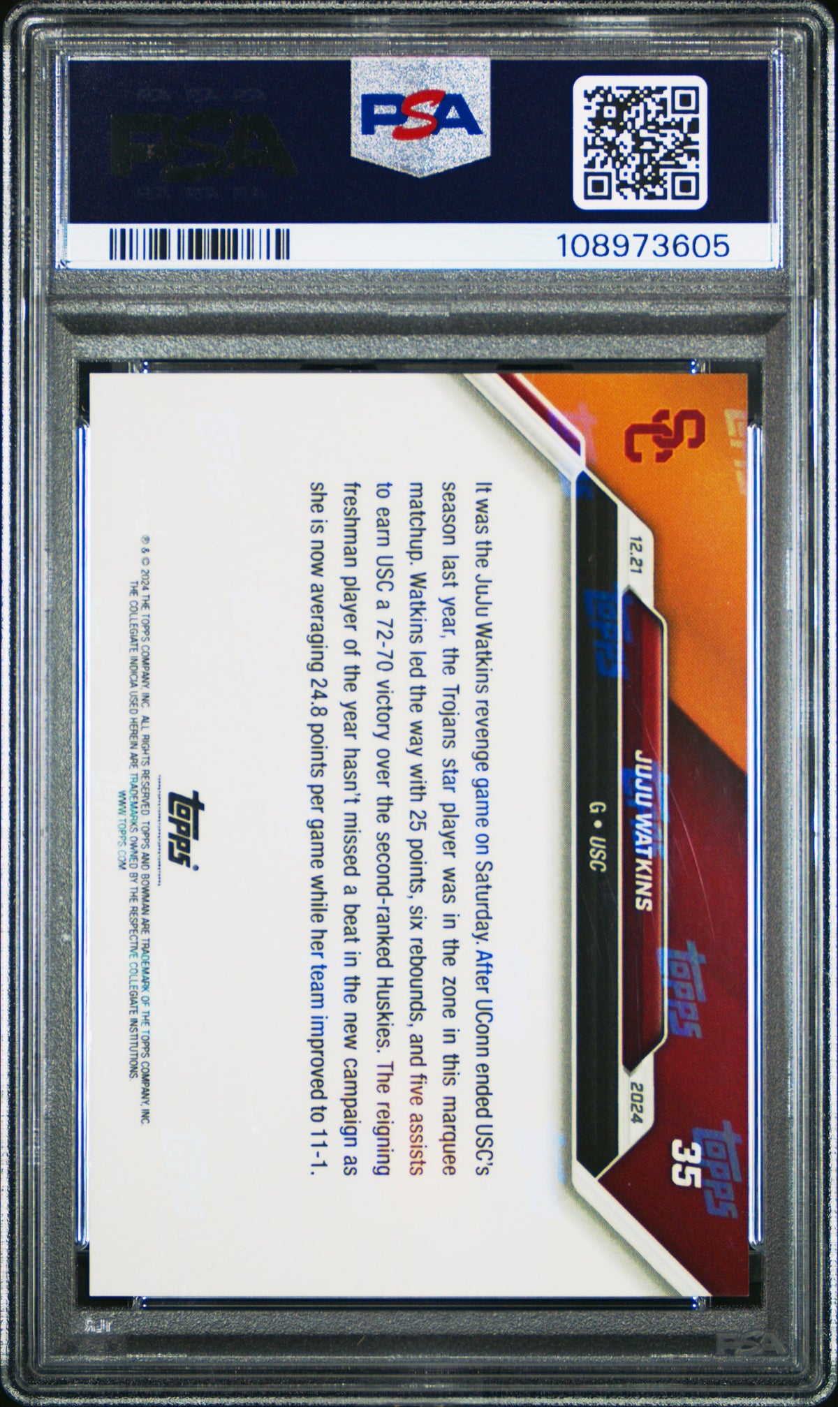 Graded 2024 Topps Bowman U Now JuJu Watkins #35 Blue /49 Rookie RC Basketball Card PSA 8 Near Mint