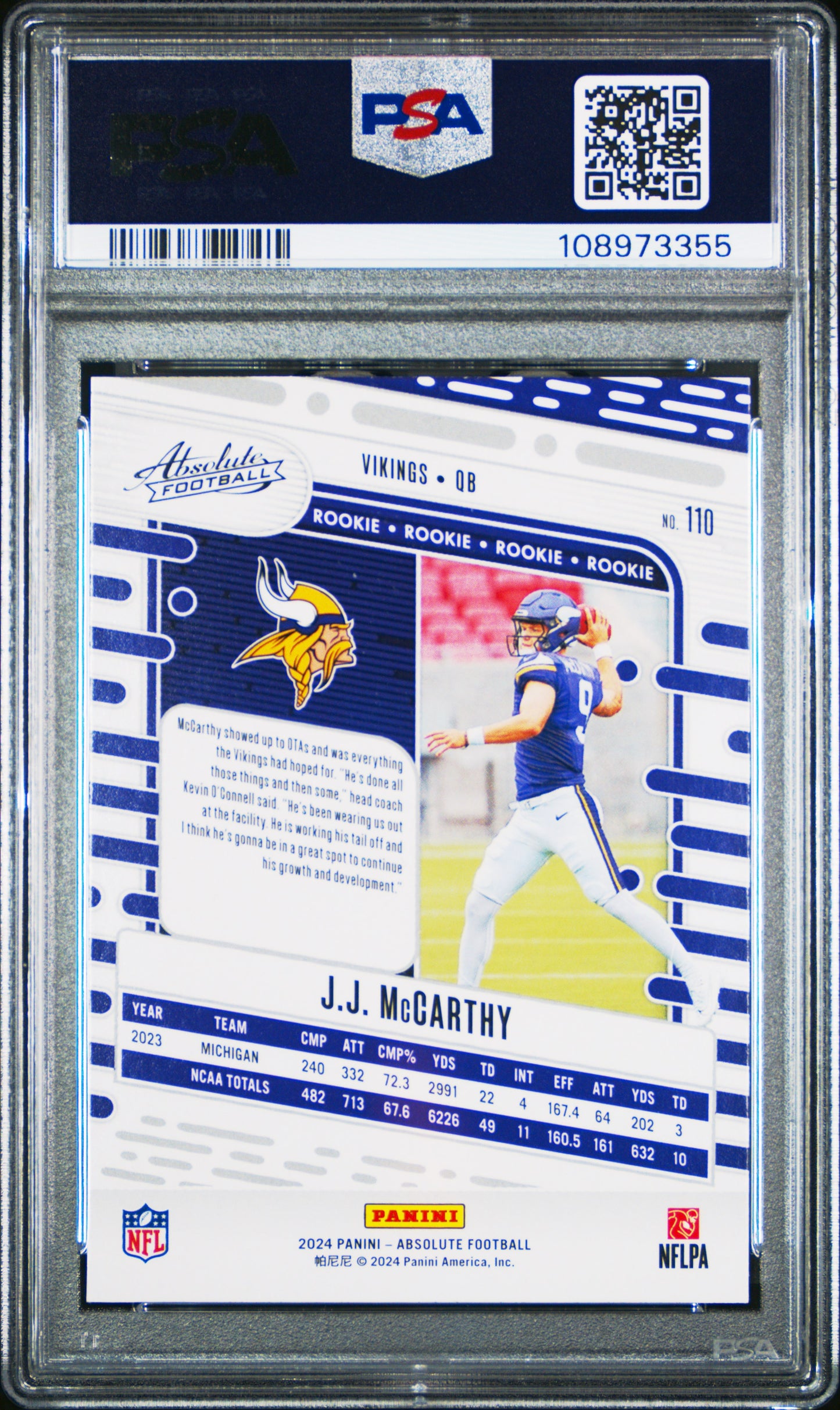 Graded 2024 Panini Absolute JJ McCarthy #110 Rookie RC Football Card PSA 9 Mint