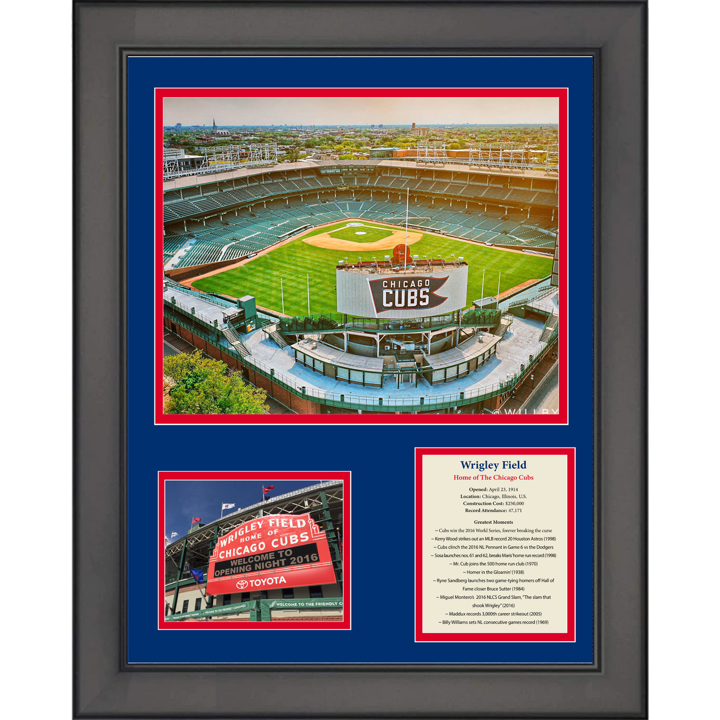 Framed Wrigley Field Greatest Moments Chicago Cubs Baseball 11"x14" Three Photo Collage