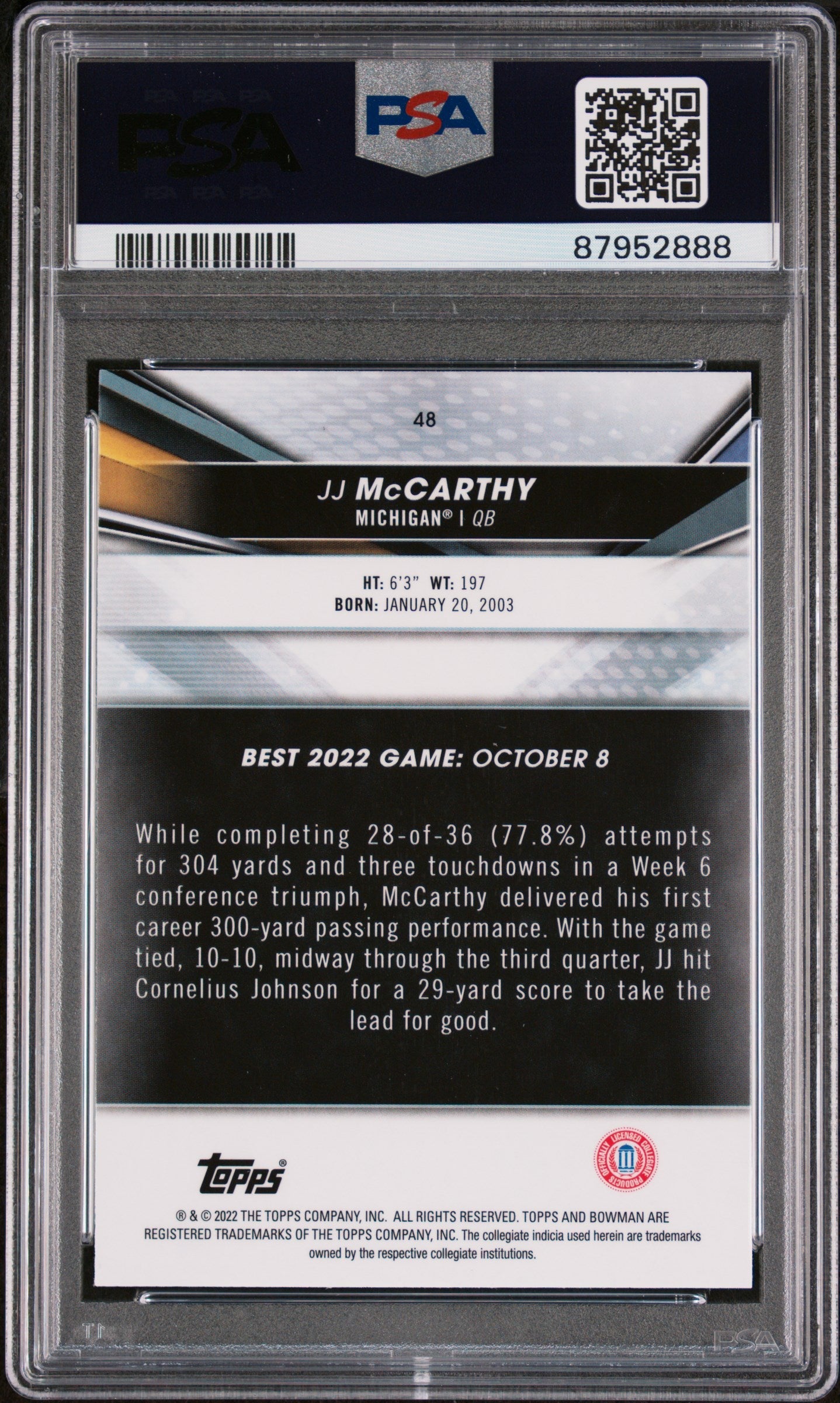 Graded 2022 Topps Bowman Best University JJ McCarthy #48 Rookie RC Football Card PSA 10 Gem Mint