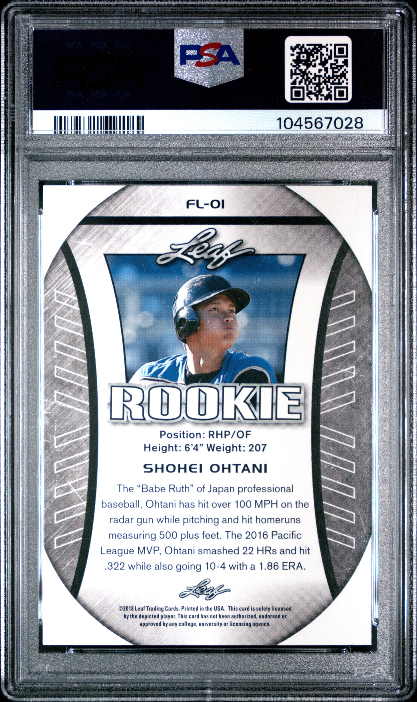Graded 2018 Leaf Rookie Shohei Ohtani #FL-01 Exclusive Flag Rookie RC Baseball Card PSA 9 Mint