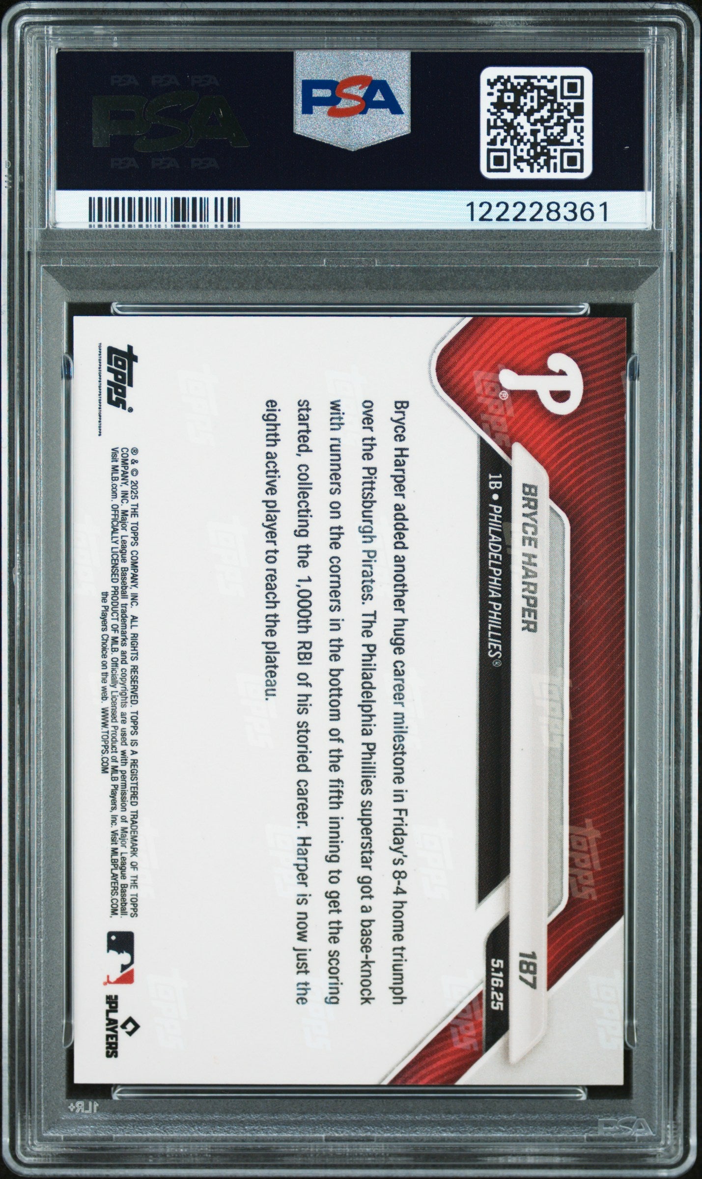 Graded 2025 Topps Now Bryce Harper #187 Black Foil /10 Baseball Card PSA 10 Gem Mint