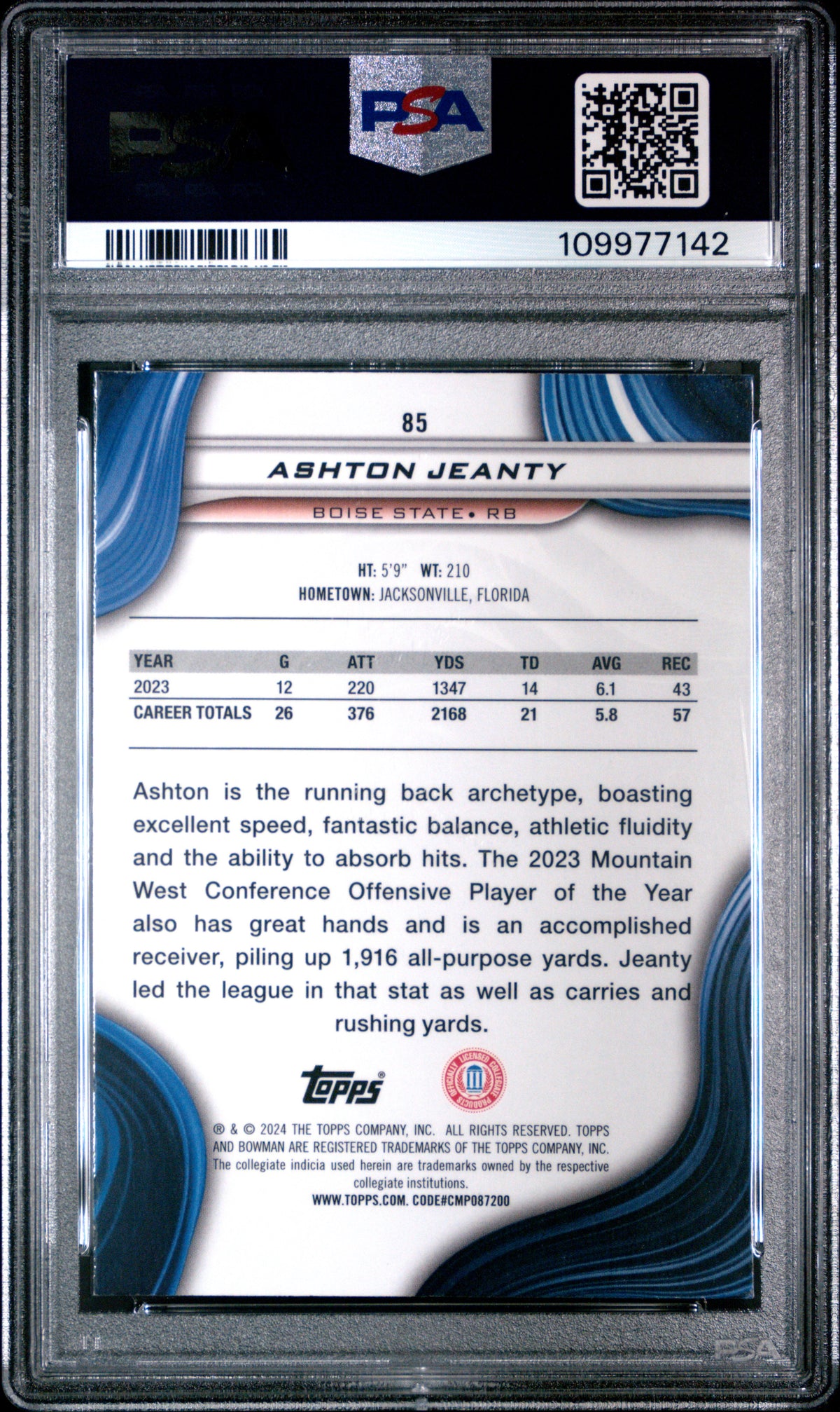 Graded 2024 Topps Bowmans Best University Ashton Jeanty #85 Rookie RC Football Card PSA 9 Mint