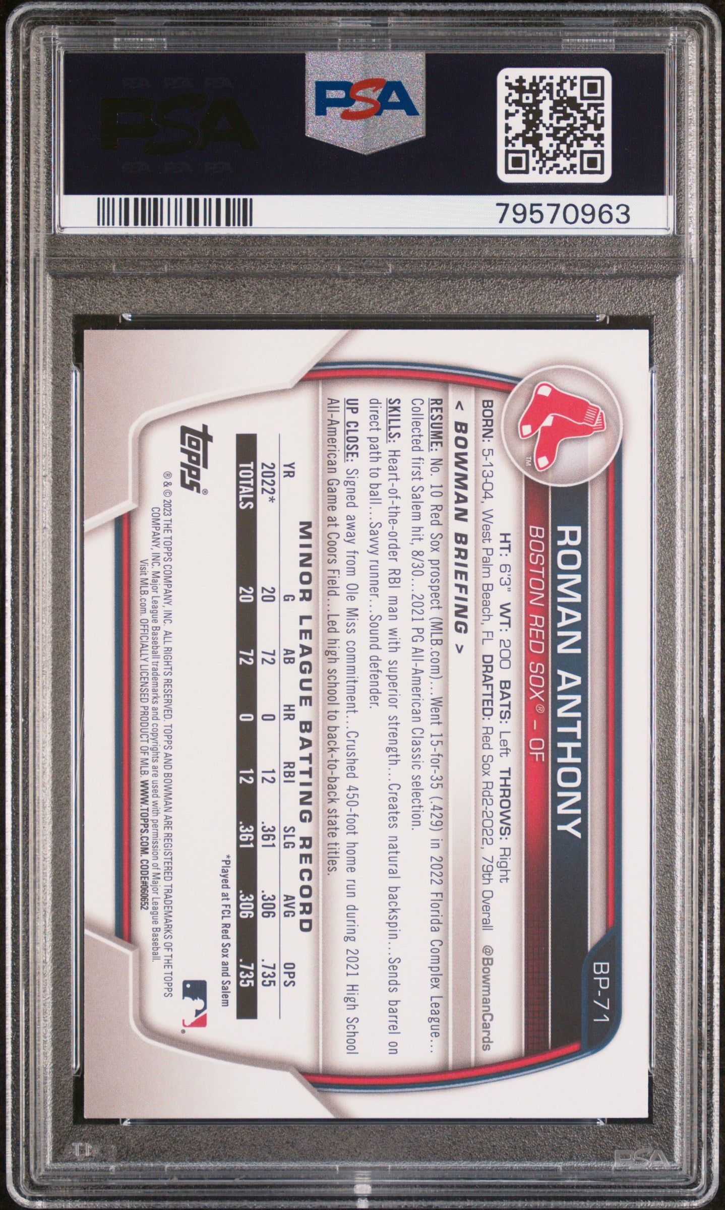 Graded 2023 Topps Bowman Roman Anthony #BP71 Paper Prospects Rookie RC Baseball Card PSA 10 Gem Mint