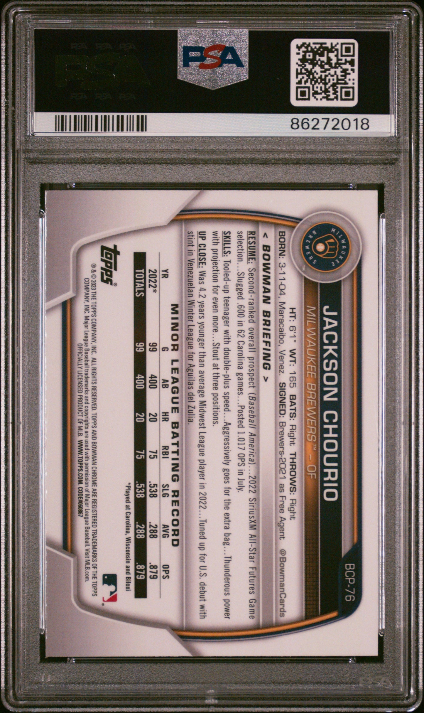 Graded 2023 Topps Bowman Chrome Megabox Jackson Chourio #76 Chrome Rookie RC Baseball Card PSA 10 Gem Mint