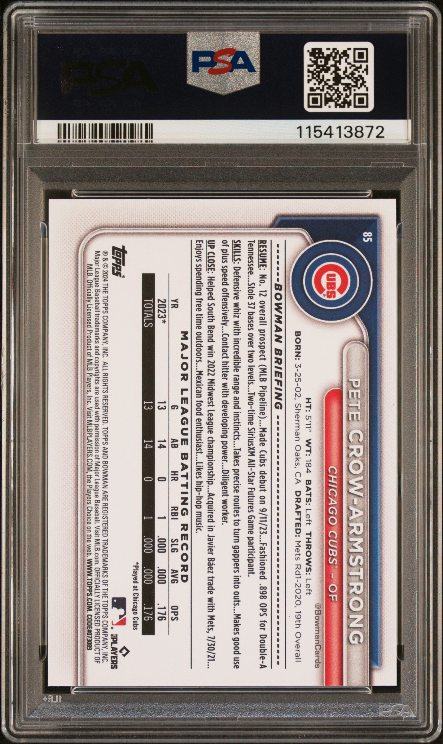 Graded 2024 Topps Bowman Pete Crow Armstrong #85 Rookie RC Baseball Card PSA 9 Mint