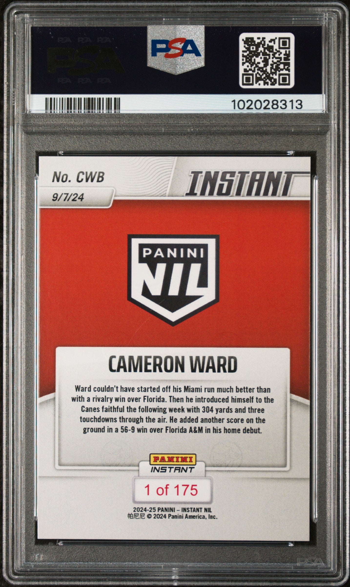 Graded 2024 Panini Instant NIL Cam Ward #CWB Rookie RC Football Card PSA 7 Near Mint