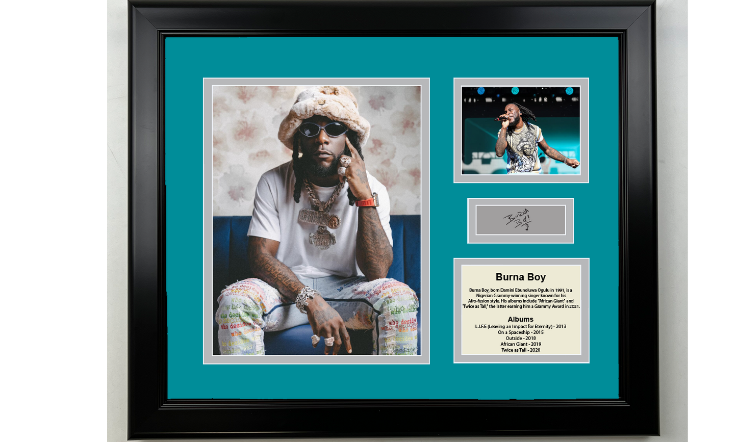 Framed Burna Boy Facsimile Laser Engraved Signature 14x11 3 Photo Collage