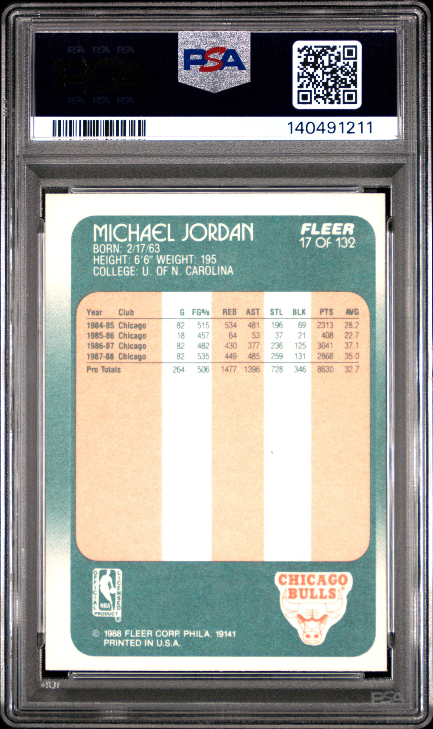 Graded 1988 Fleer Michael Jordan #17 Basketball Card PSA 8 NM-MT
