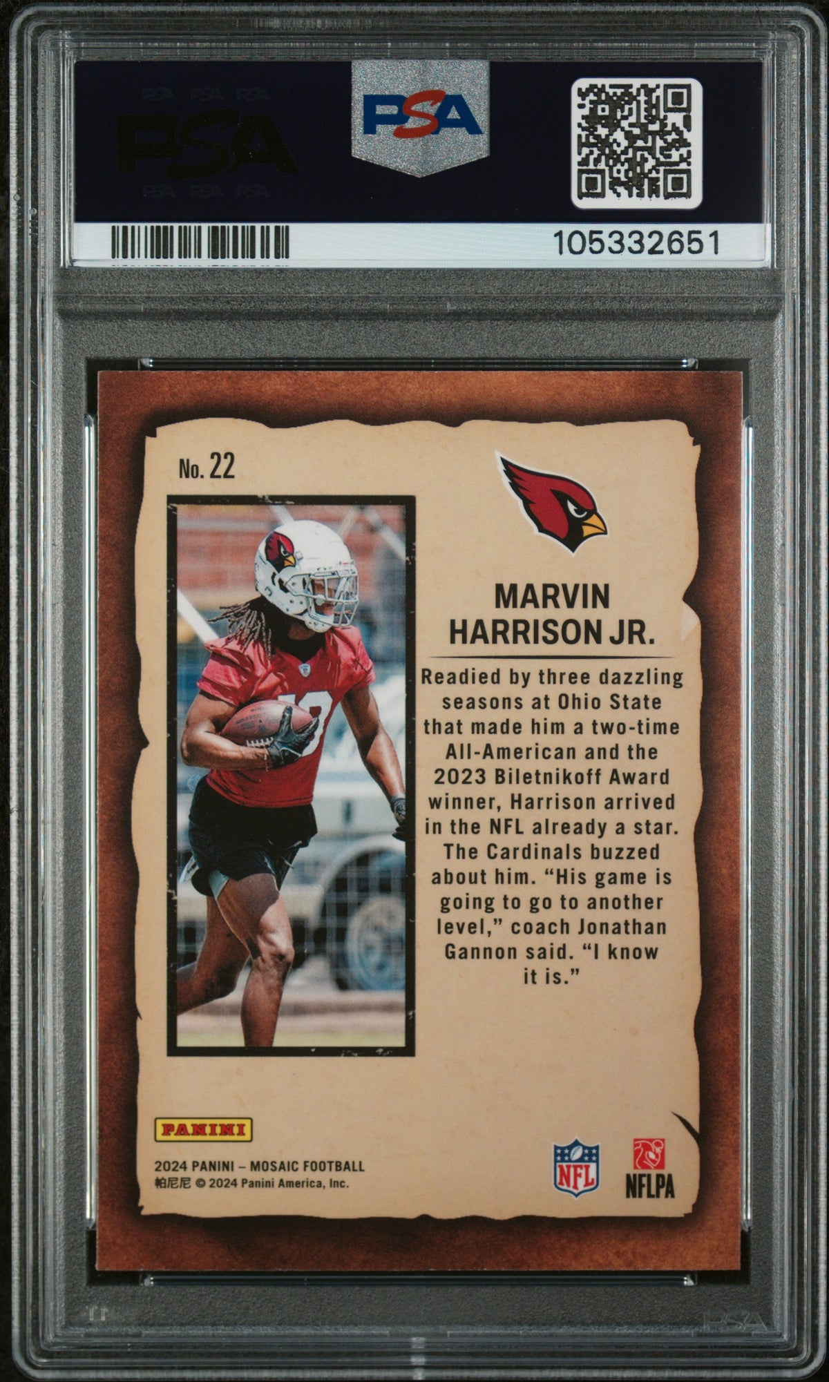 Graded 2024 Panini Mosaic Marvin Harrison Jr #22 Notoriety Rookie RC Football Card PSA 10 Gem Mint