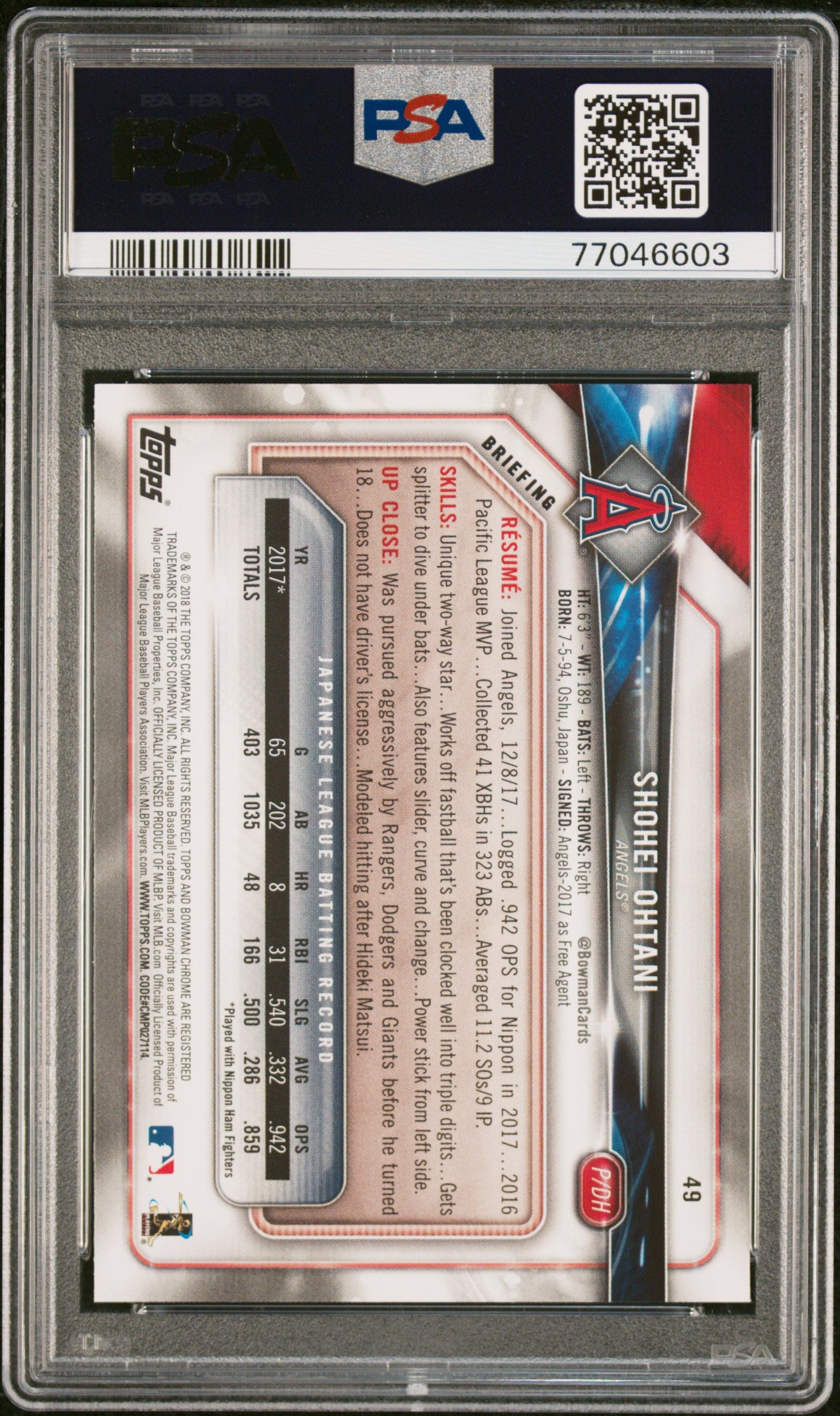 Graded 2018 Topps Bowman Shohei Ohtani #49 Rookie RC Baseball Card PSA 10 Gem Mint