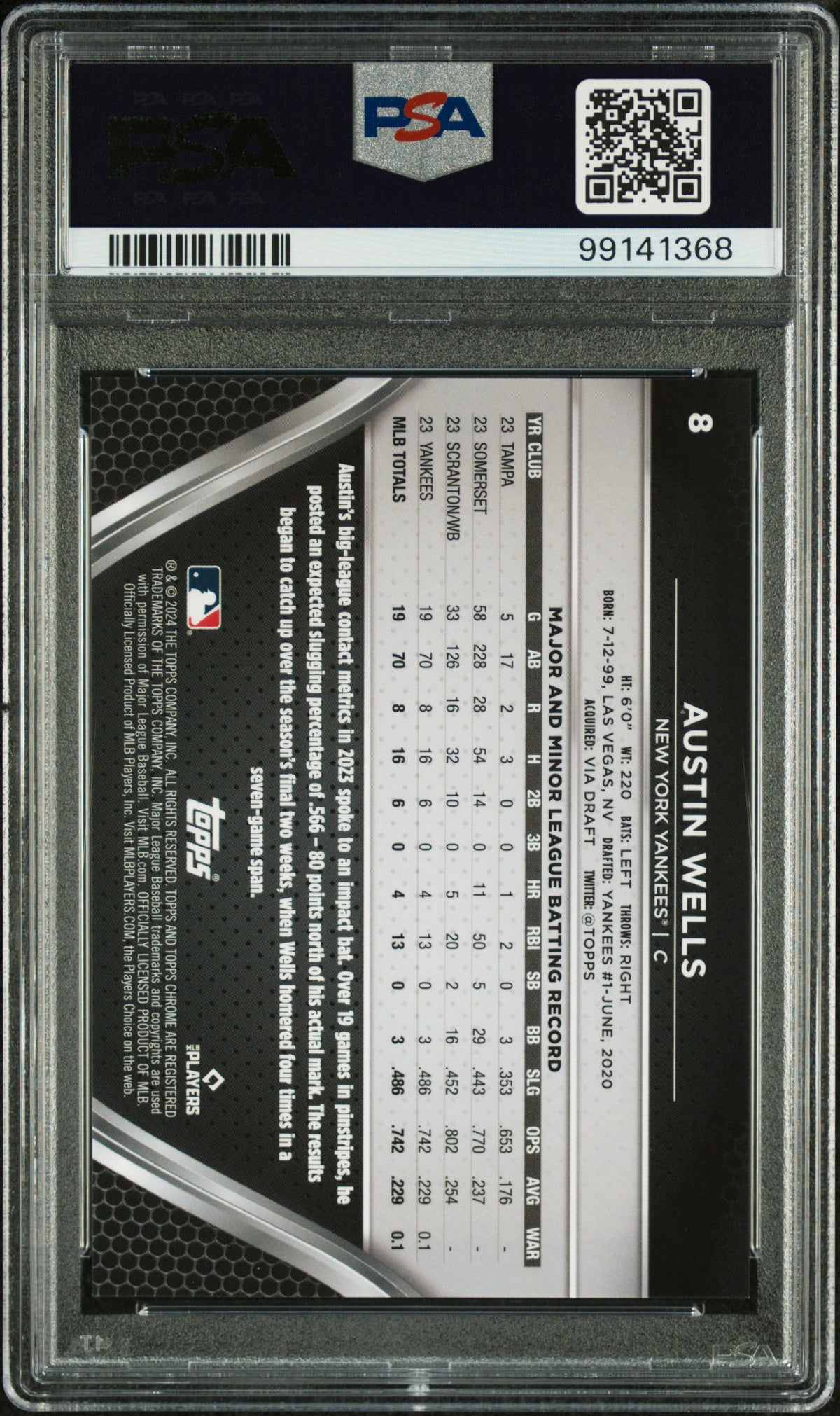Graded 2024 Topps Chrome Black Austin Wells #8 Gold Mini Diamond Refractor #/50 Rookie RC Baseball Card PSA 10 Gem Mint