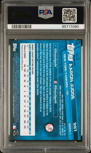 Graded 2017 Topps Aaron Judge #287 Catching Rookie RC Baseball Card PSA 9 Mint