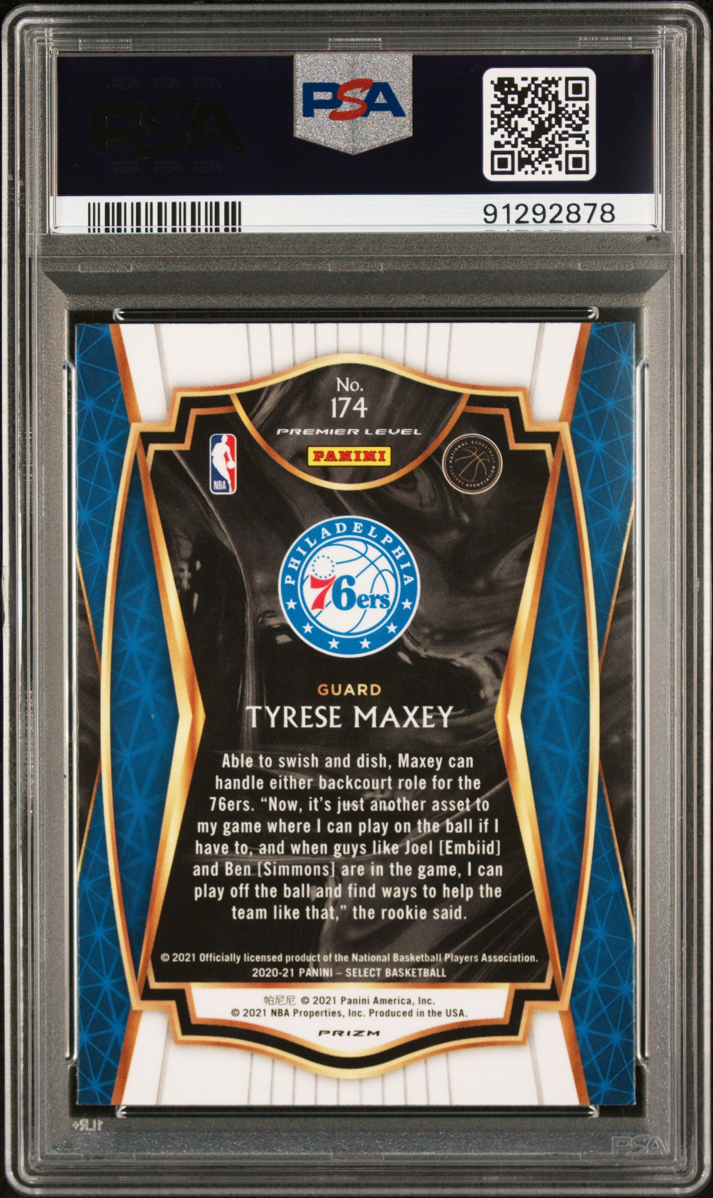 Graded 2020 Panini Select Tyrese Maxey #174 Green/White/Purple Rookie RC Basketball Card PSA 10 Gem Mint