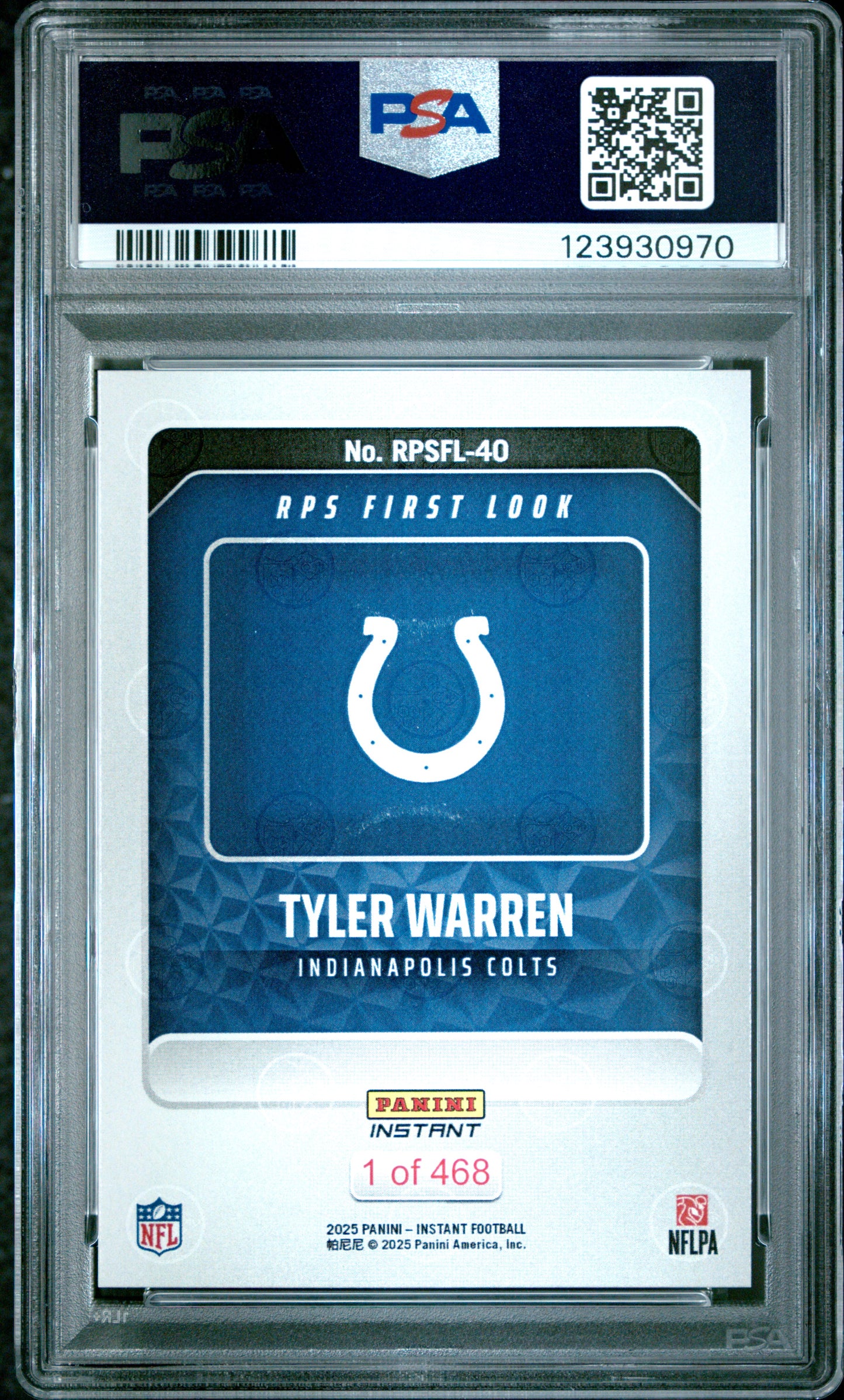 Graded 2025 Panini Instant Tyler Warren #RPSFL40 RPS First Look Rookie RC Football Card PSA 9 Mint