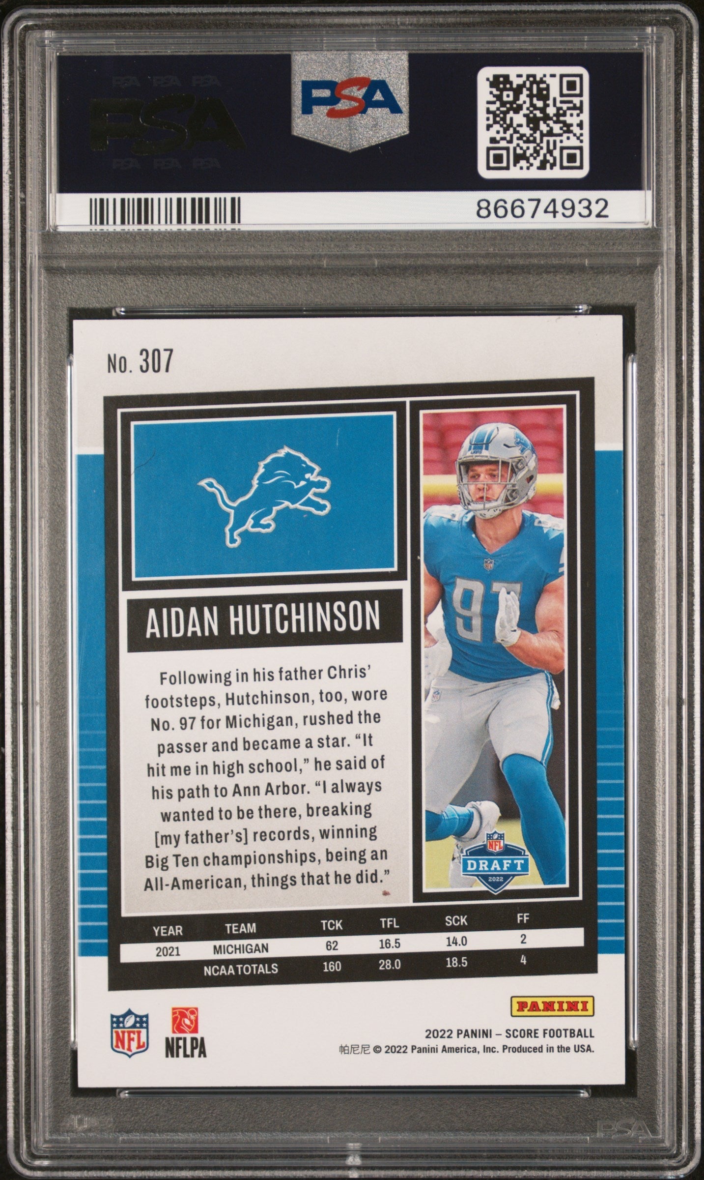 Graded 2022 Panini Score Aidan Hutchinson #307 Rookie RC Football Card PSA 9 Mint