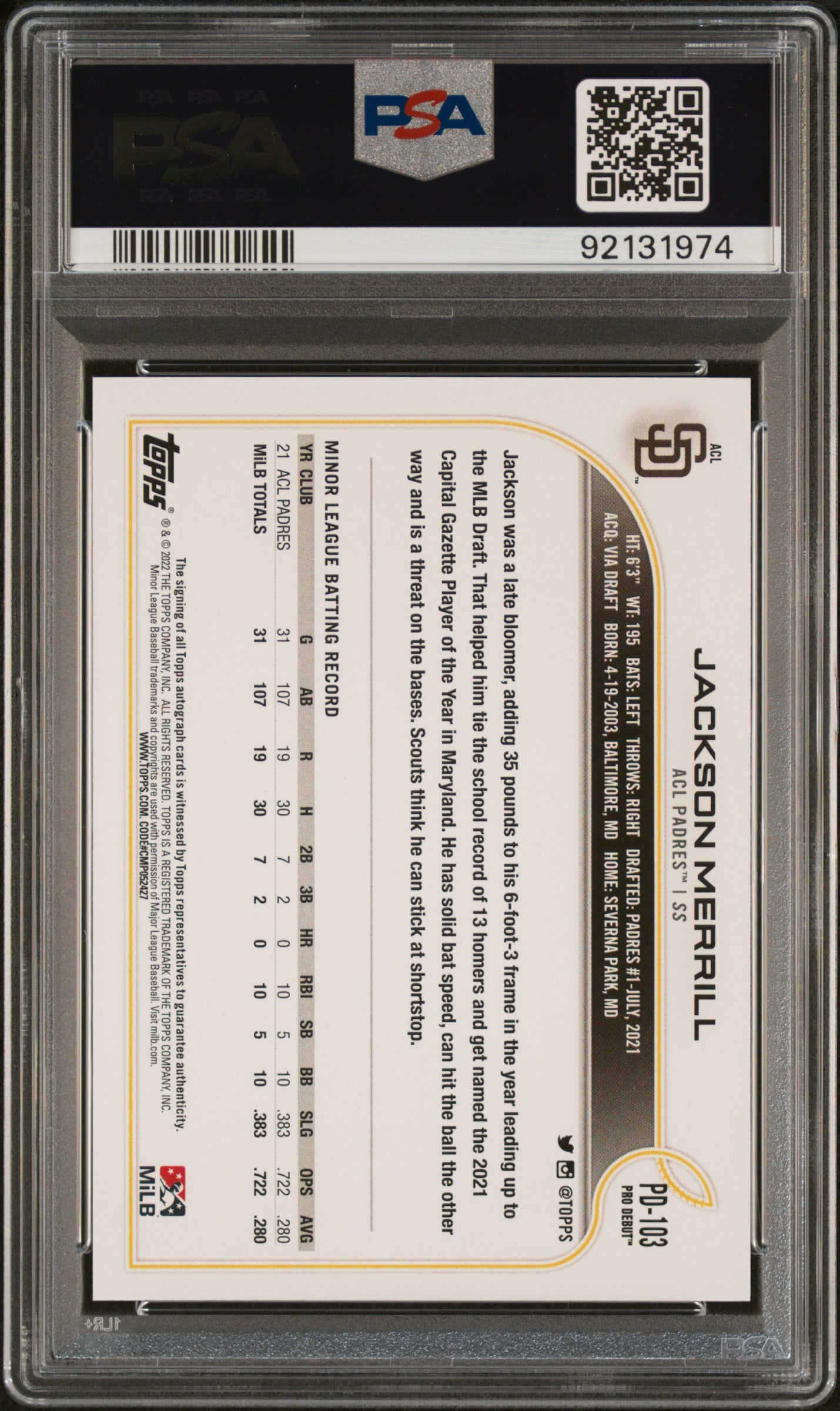 Graded 2022 Topps Pro Debut Jackson Merrill #PD103 Autograph Rookie RC Baseball Card PSA 10 Gem Mint