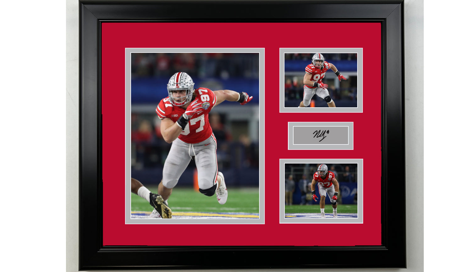 Framed Nick Bosa Ohio State Buckeyes Facsimile Laser Engraved Signature Football 14x11 3 Photo Collage