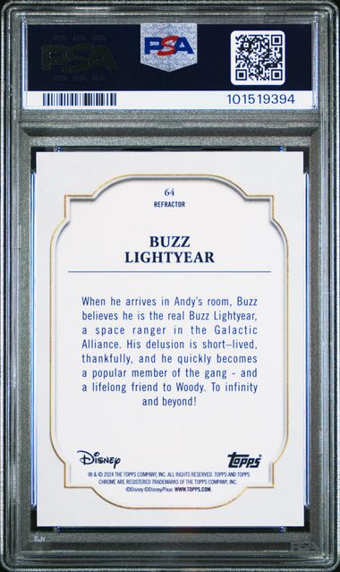 Graded 2024 Topps Chrome Disney Silver Refractor Buzz Lightyear #64 Toy Story Card PSA 10 Gem Mint