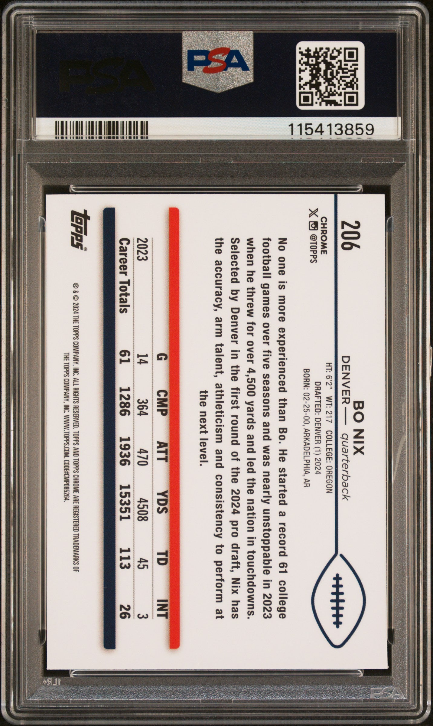 Graded 2024 Topps Chrome Bo Nix #206 Rookie RC Football Card PSA 9 Mint