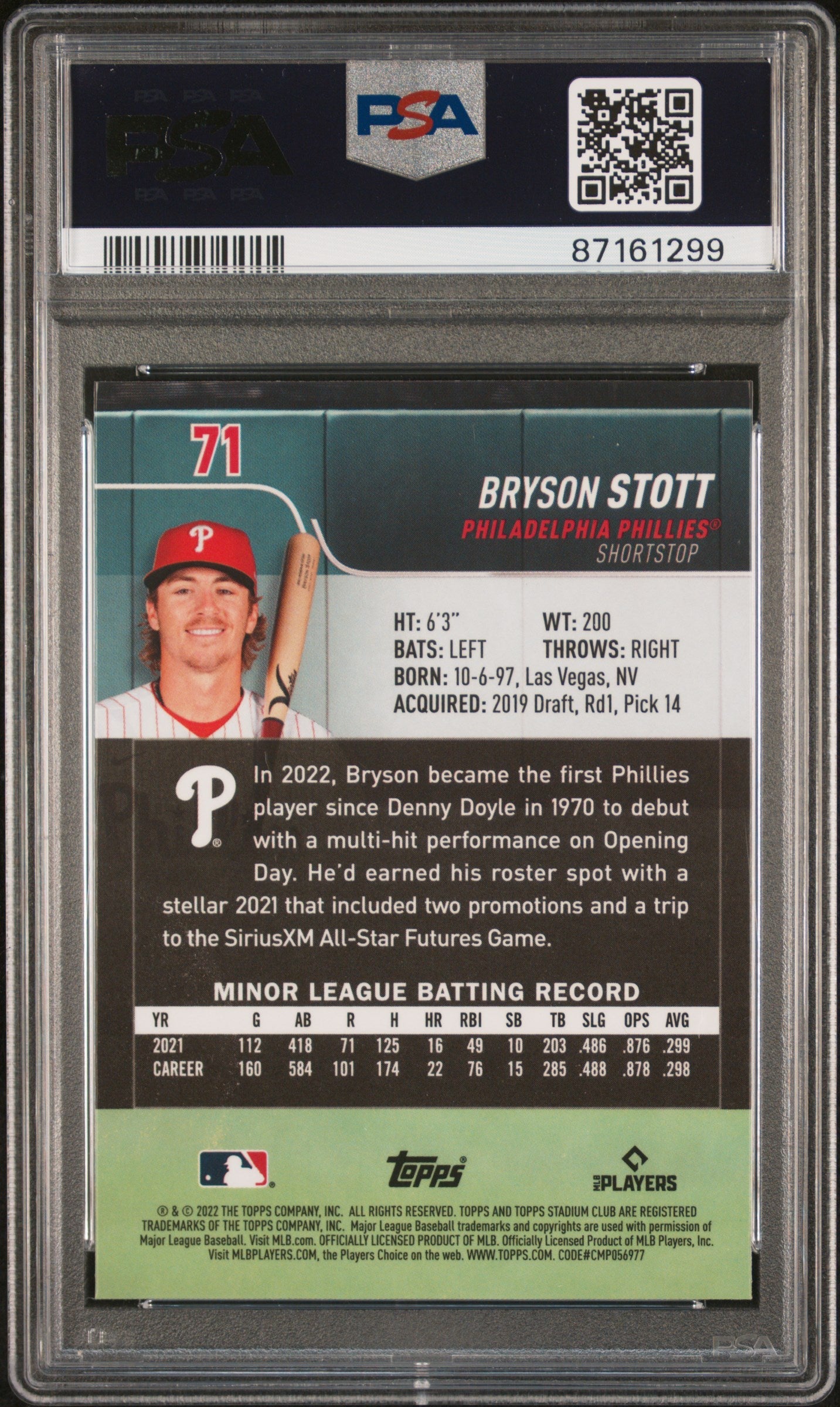 Graded 2022 Topps Stadium Club Chrome Bryson Stott #71 XFractor Rookie RC Baseball Card PSA 10 Gem Mint