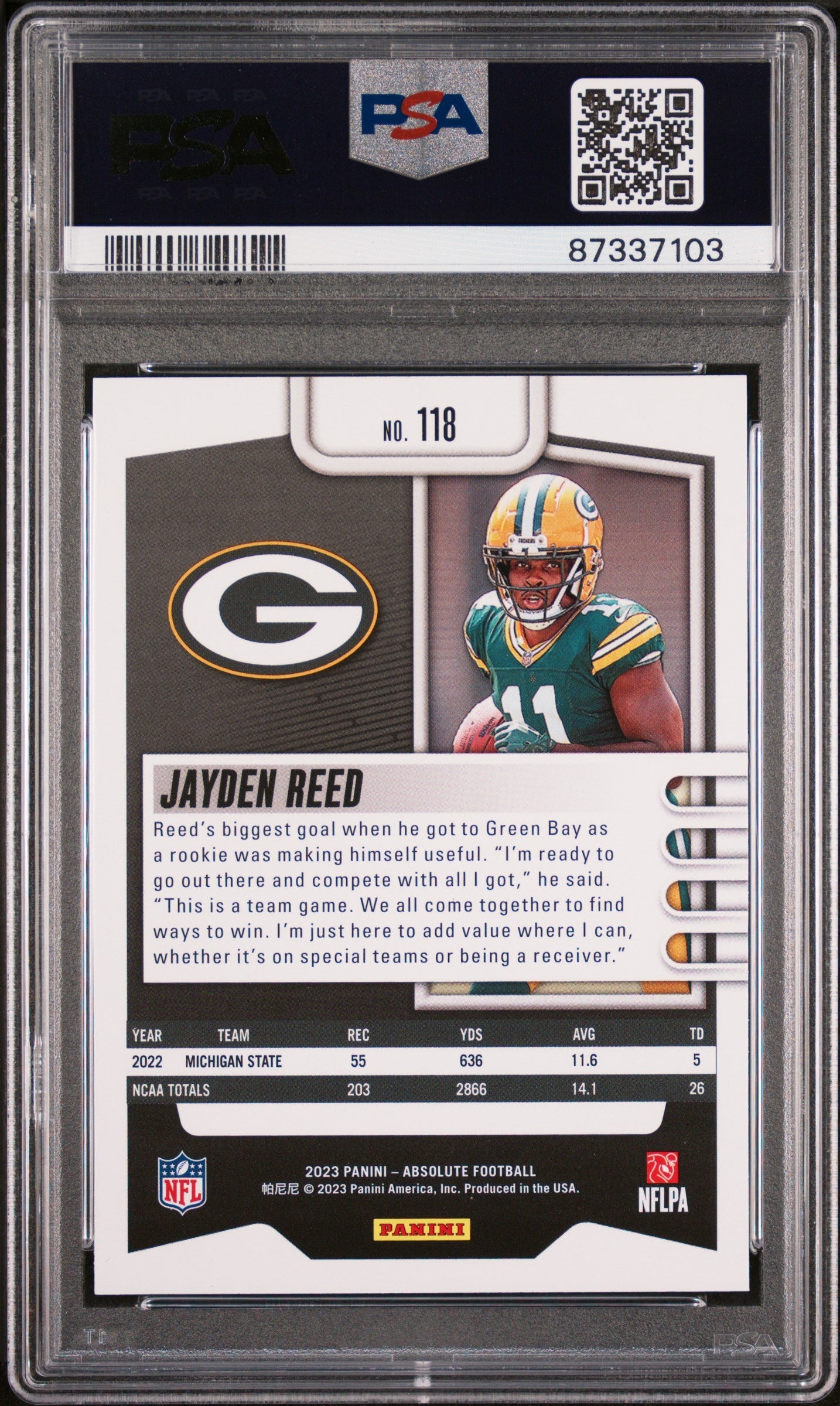 Graded 2023 Panini Absolute Jayden Reed #118 Rookie RC Football Card PSA 10 Gem Mint