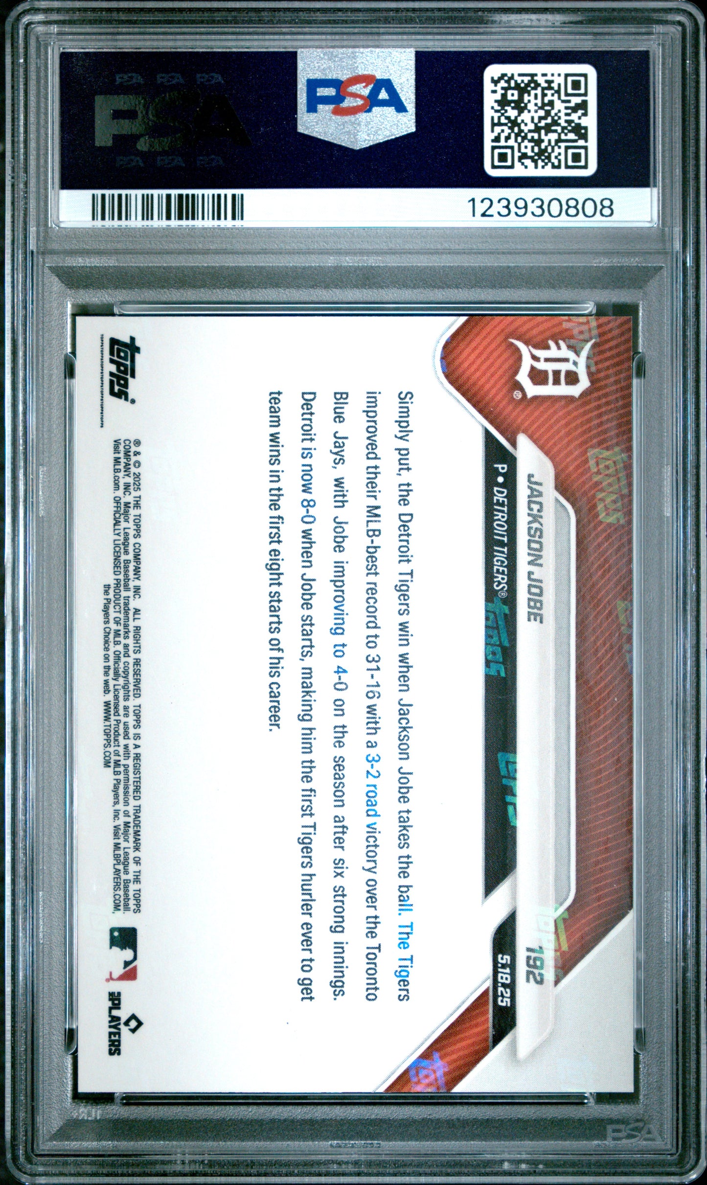 Graded 2025 Topps Now Jackson Jobe #192 Black Foil /10 Rookie RC Baseball Card PSA 10 Gem Mint