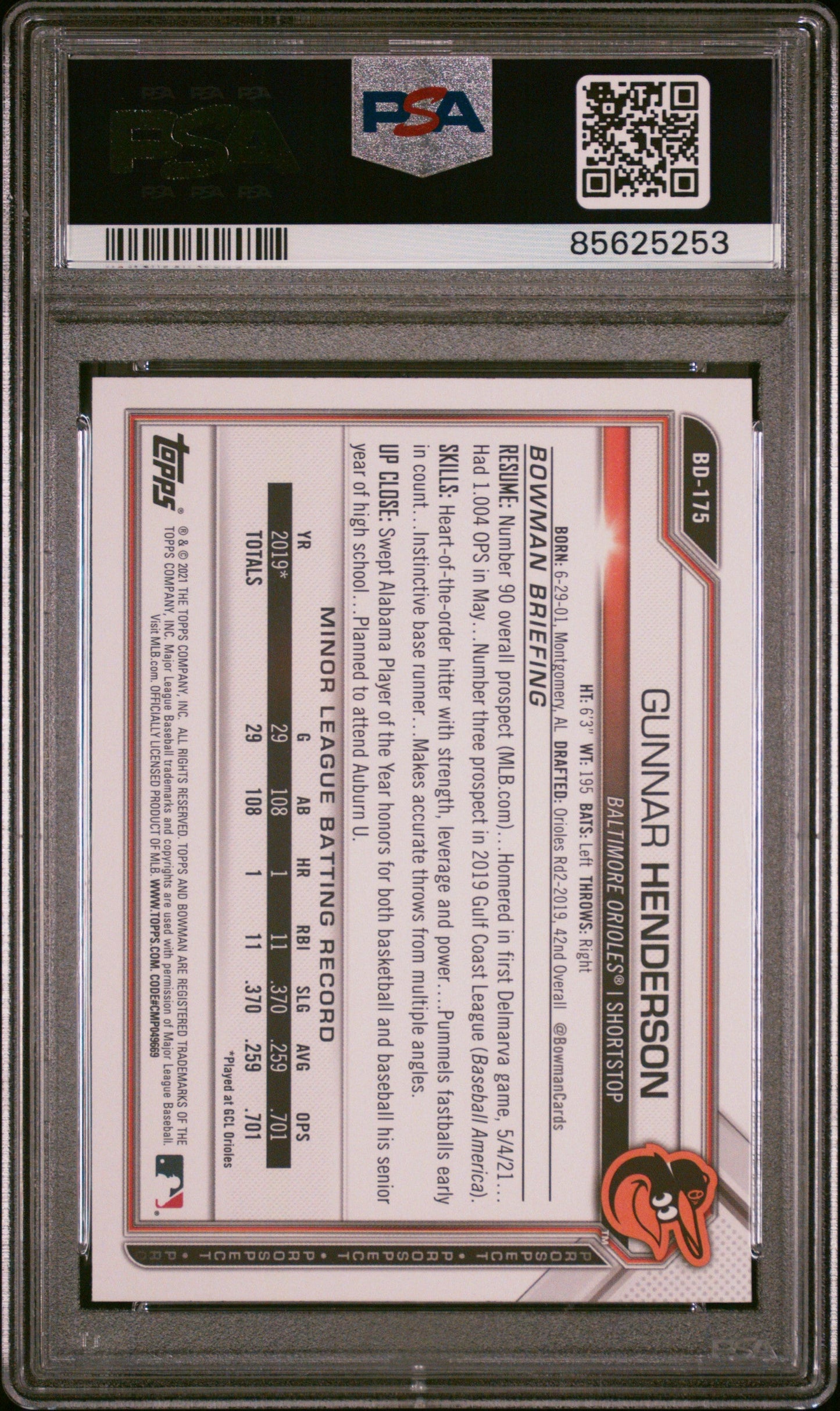 Graded 2021 Topps Bowman Draft Gunnar Henderson #BD175 Rookie RC Baseball Card PSA 8 Near Mint
