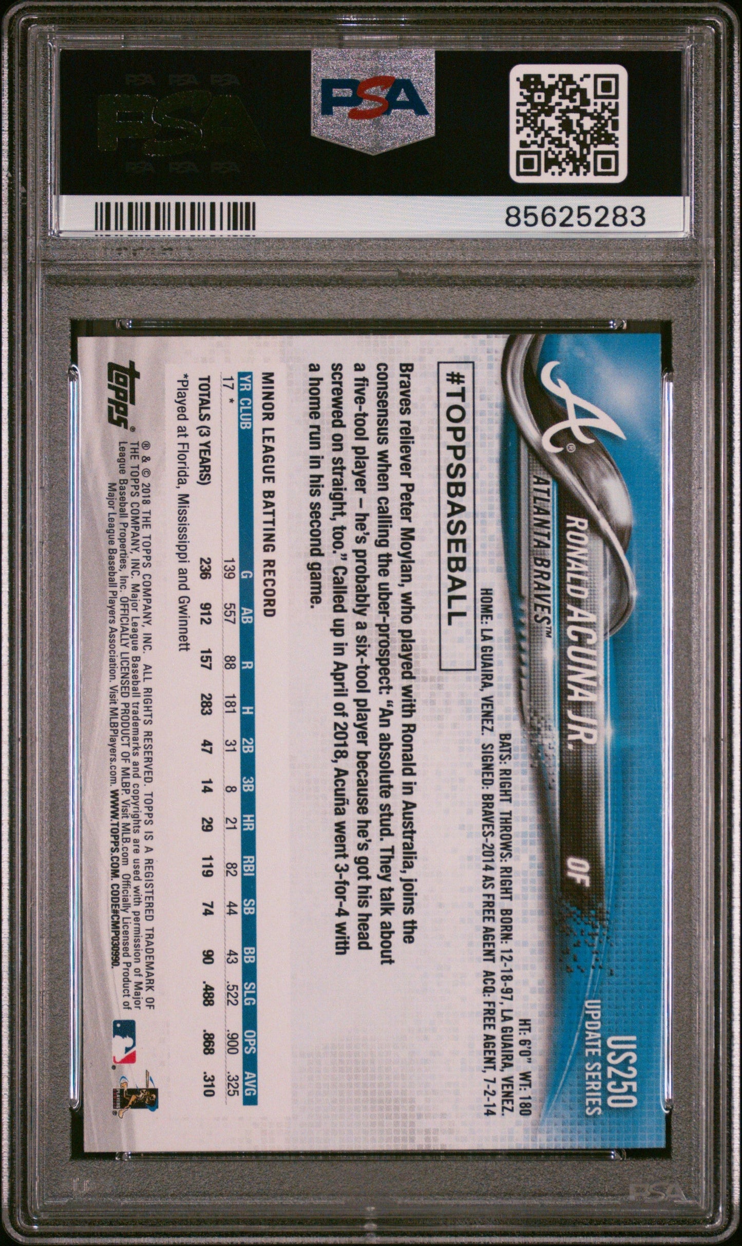 Graded 2018 Topps Update Ronald Acuna Jr. #US250 At Bat In Blue Jersey Rookie RC Baseball Card PSA 9 Mint