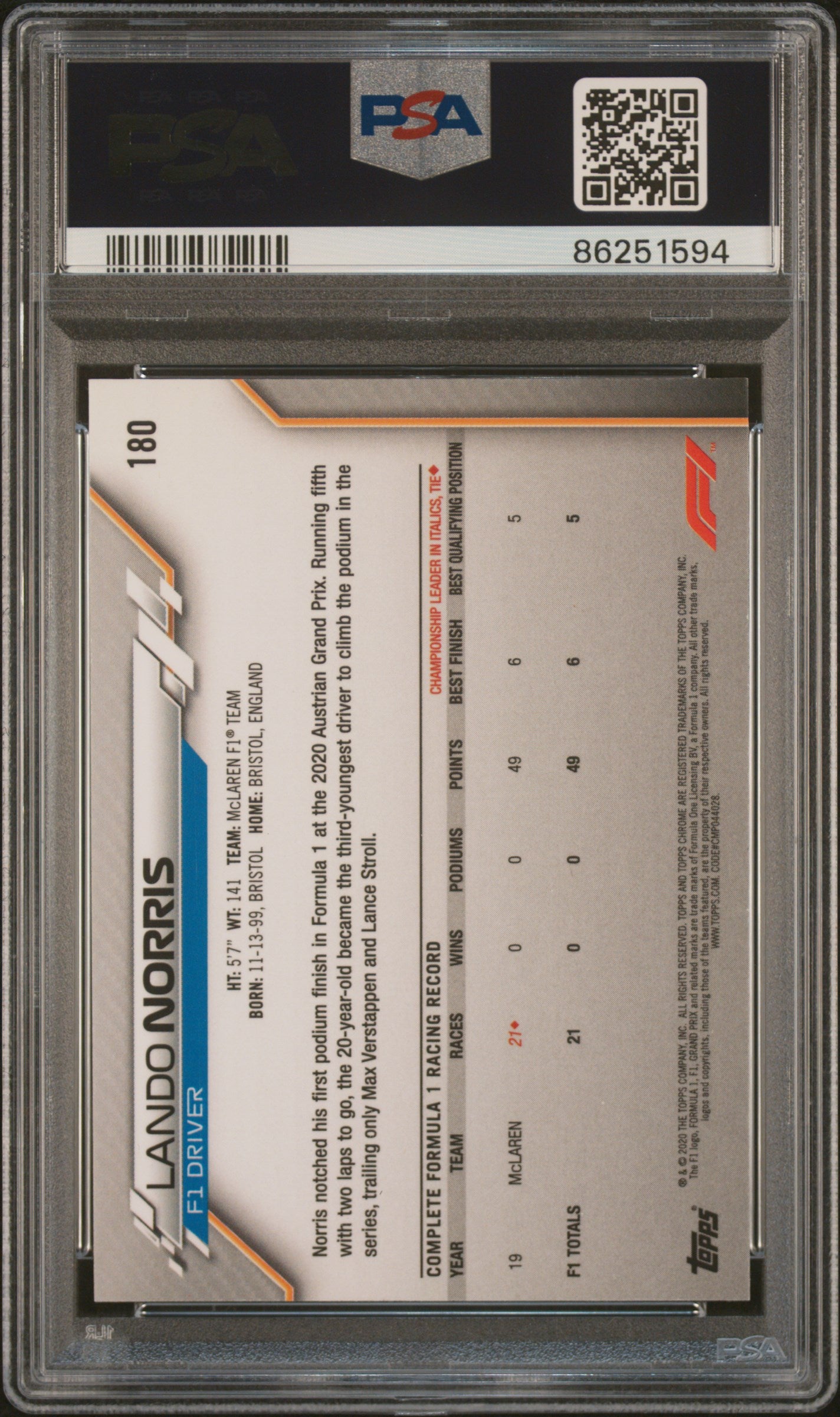 Graded 2020 Topps Chrome Formula 1 Lando Norris #180 Rookie RC F1 Racing Card PSA 10 Gem Mint