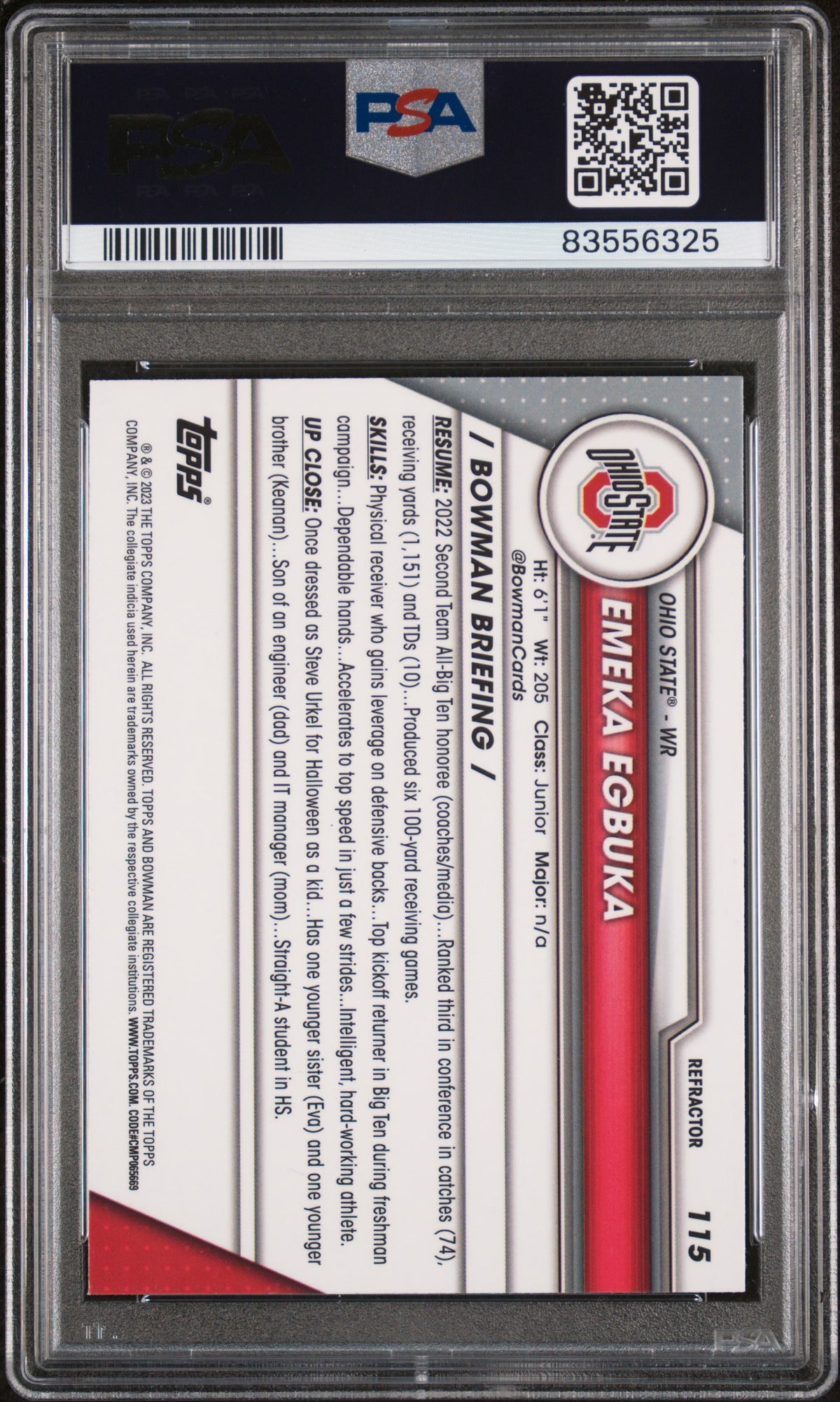 Graded 2023 Topps Bowman U Chrome Emeka Egbuka #115 Refractor Rookie RC Football Card PSA 10 Gem Mint