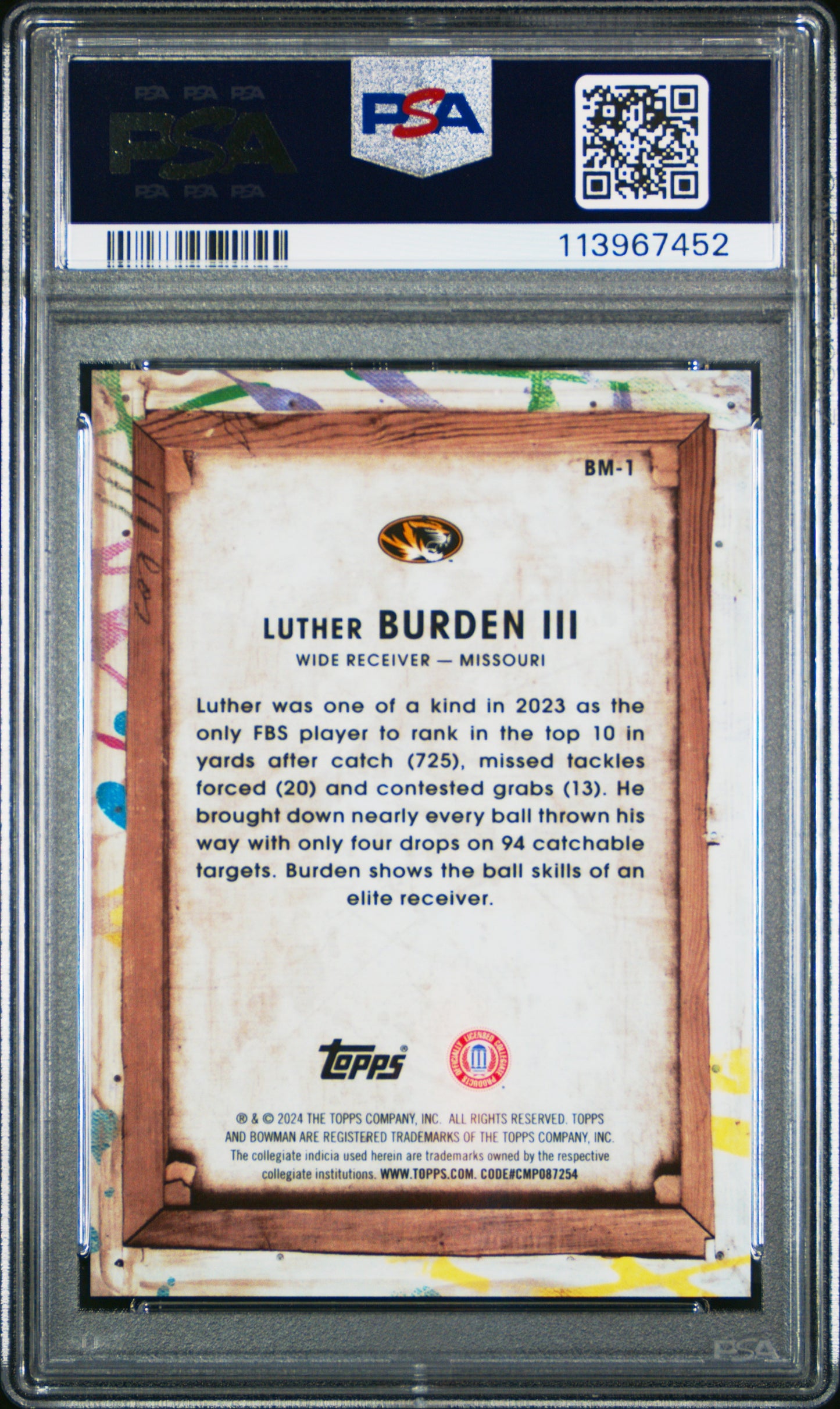 Graded 2024 Topps Bowman Best University Luther Burden III #BM1 Bowman Masterpieces Rookie RC Football Card PSA 10 Gem Mint