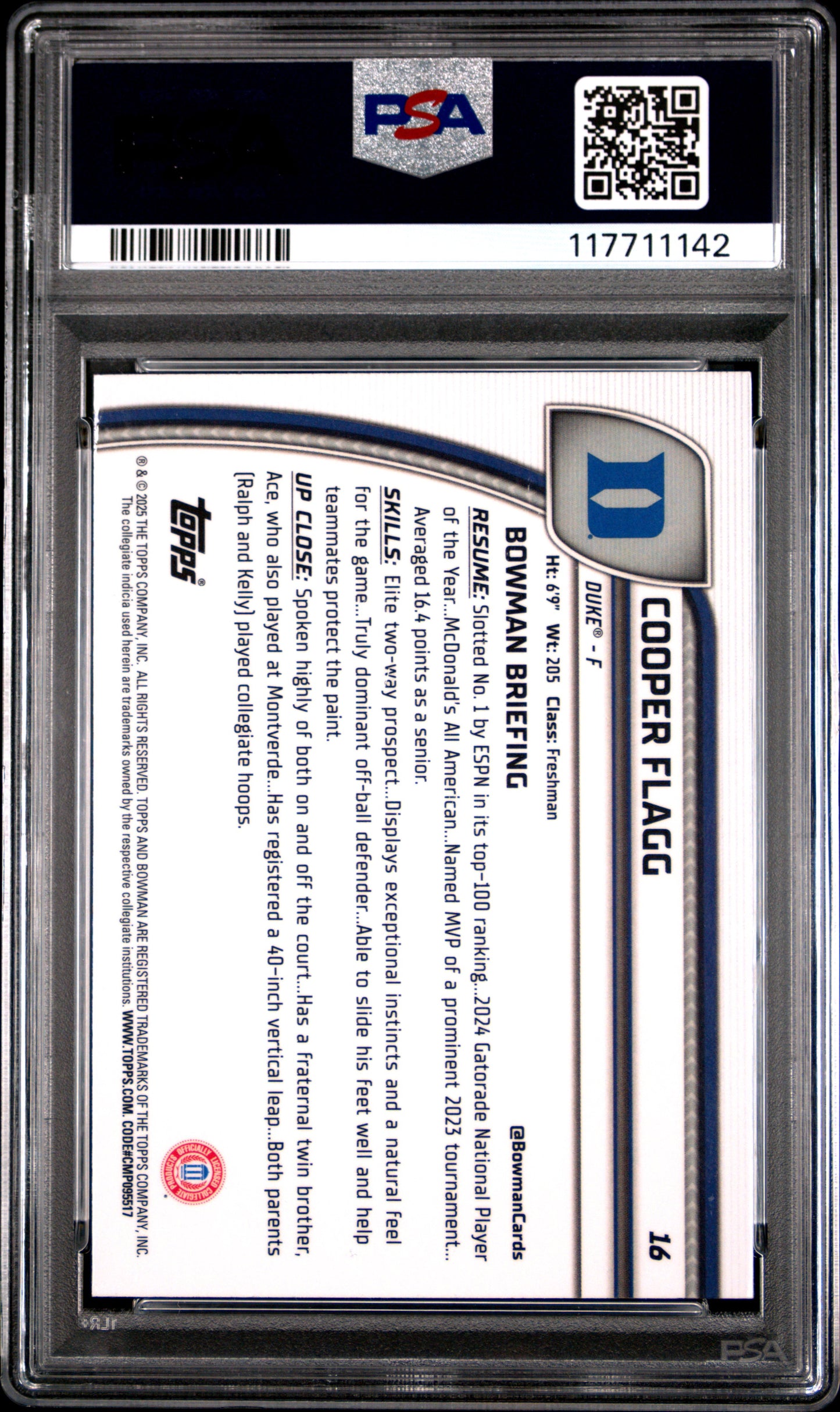 Graded 2024 Topps Bowman Chrome U Cooper Flagg #16 Rookie RC Basketball Card PSA 8 Near Mint