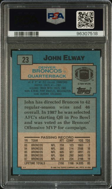 Graded 1988 Topps John Elway #23 Football Card PSA 10 Gem Mint