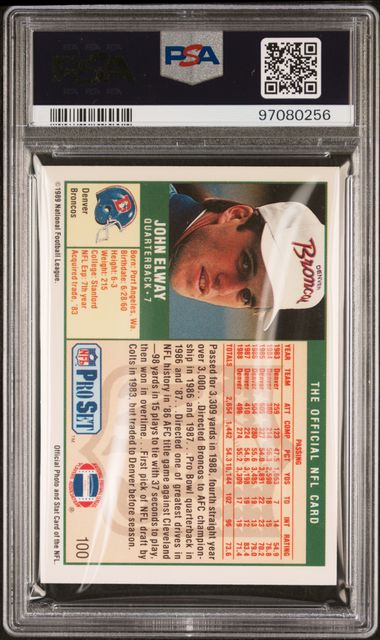 Graded 1989 Pro Set John Elway #100 Football Card PSA 10 Gem Mint