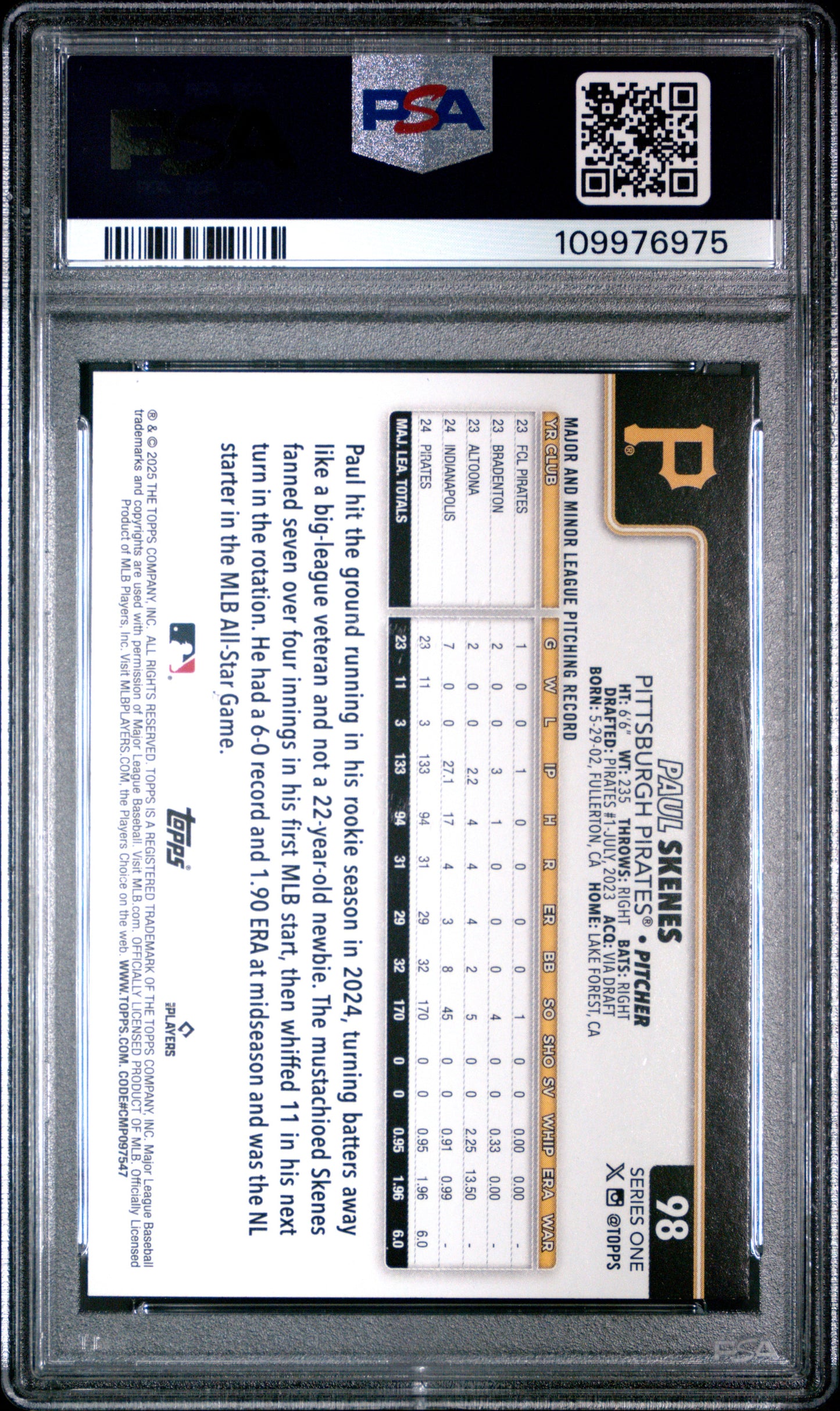 Graded 2025 Topps Paul Skenes #98 Rookie Cup Baseball Card PSA 10 Gem Mint