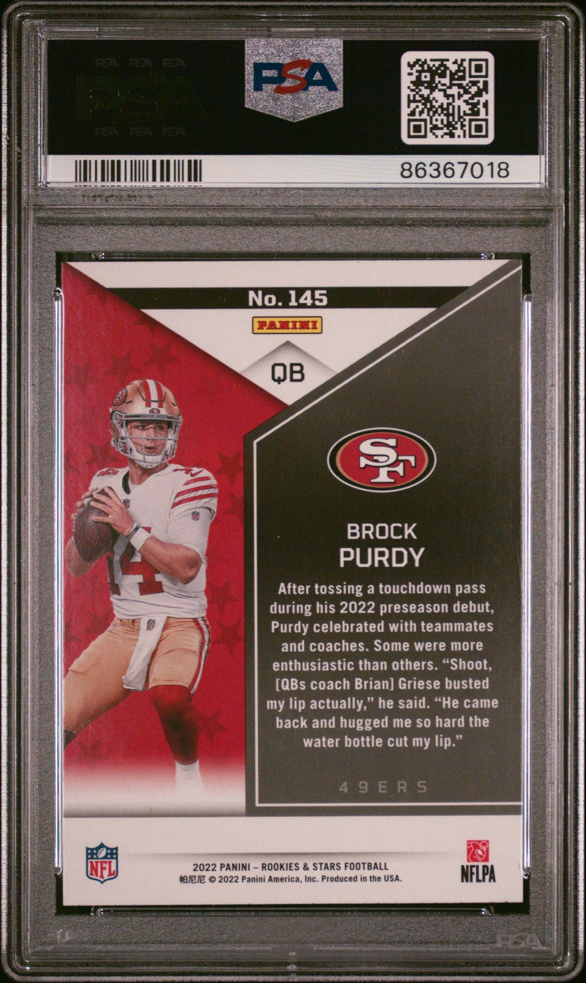 Graded 2022 Panini Rookies & Stars Brock Purdy #145 Red Rookie RC Football Card PSA 10 Gem Mint