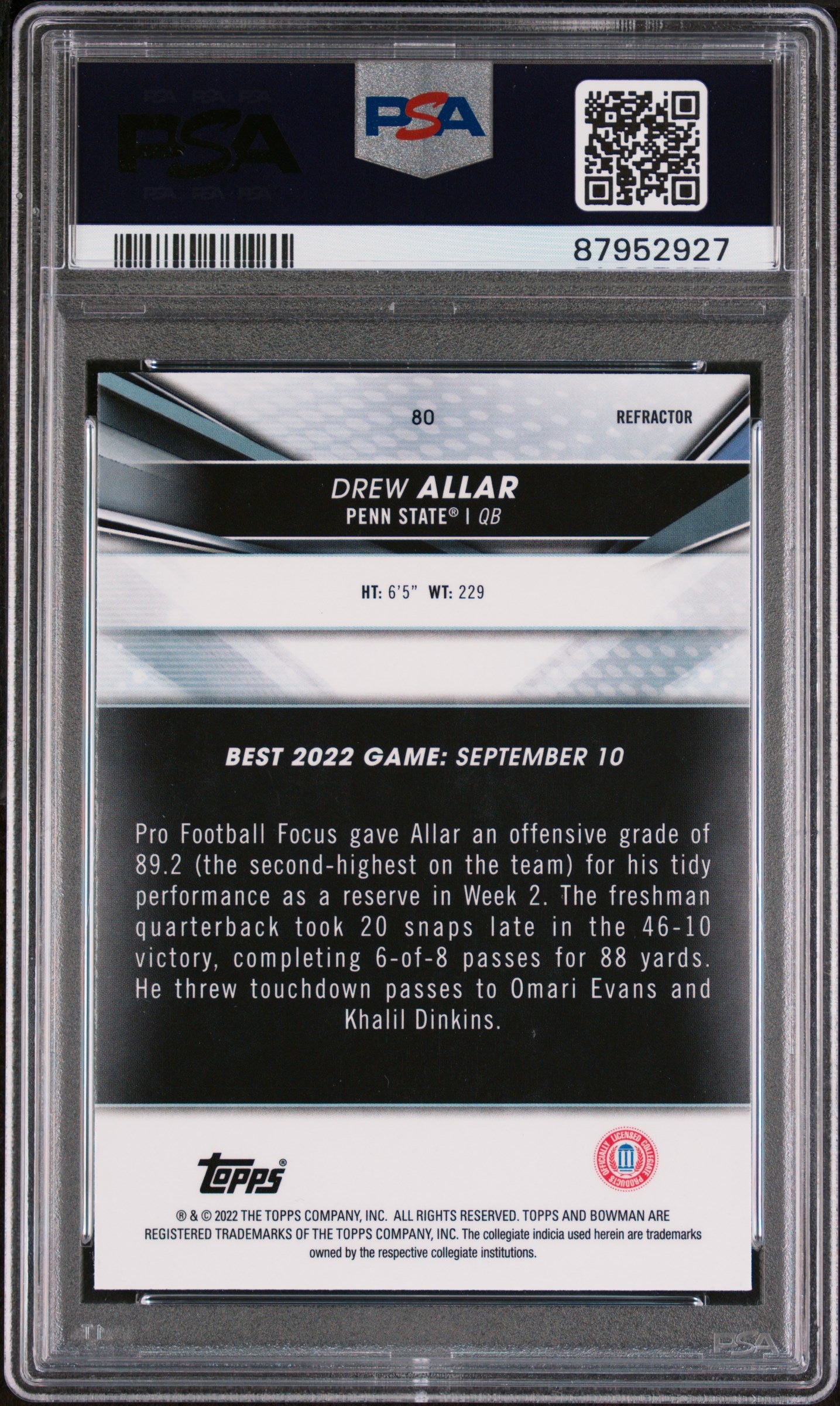 Graded 2022 Topps Bowman Best University Drew Allar #80 Refractor Rookie RC Football Card PSA 10 Gem Mint